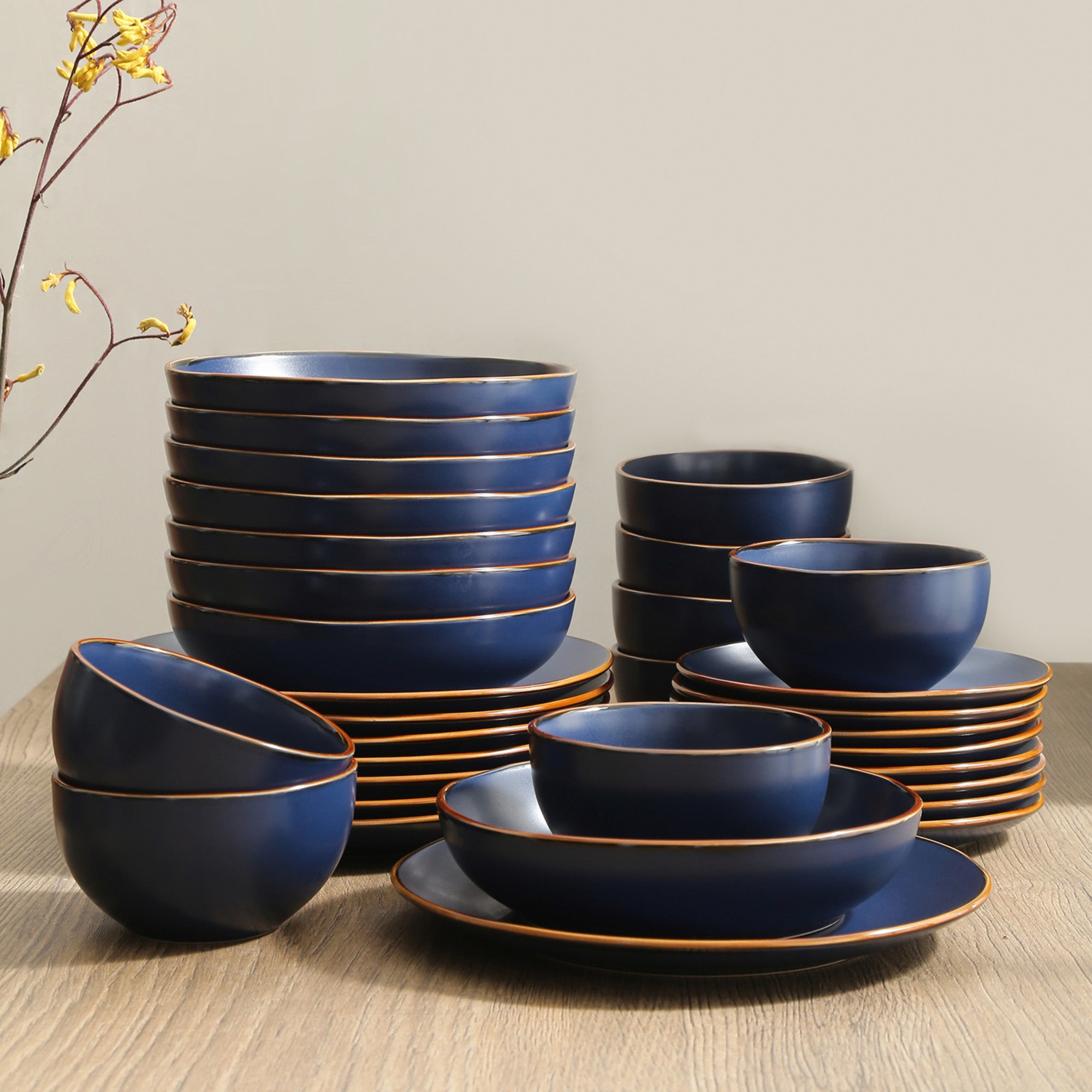 Premium Brasa Stoneware Dinnerware Set - 16-Piece Blue Ceramic Plates & Bowls for Everyday Dining & Entertaining