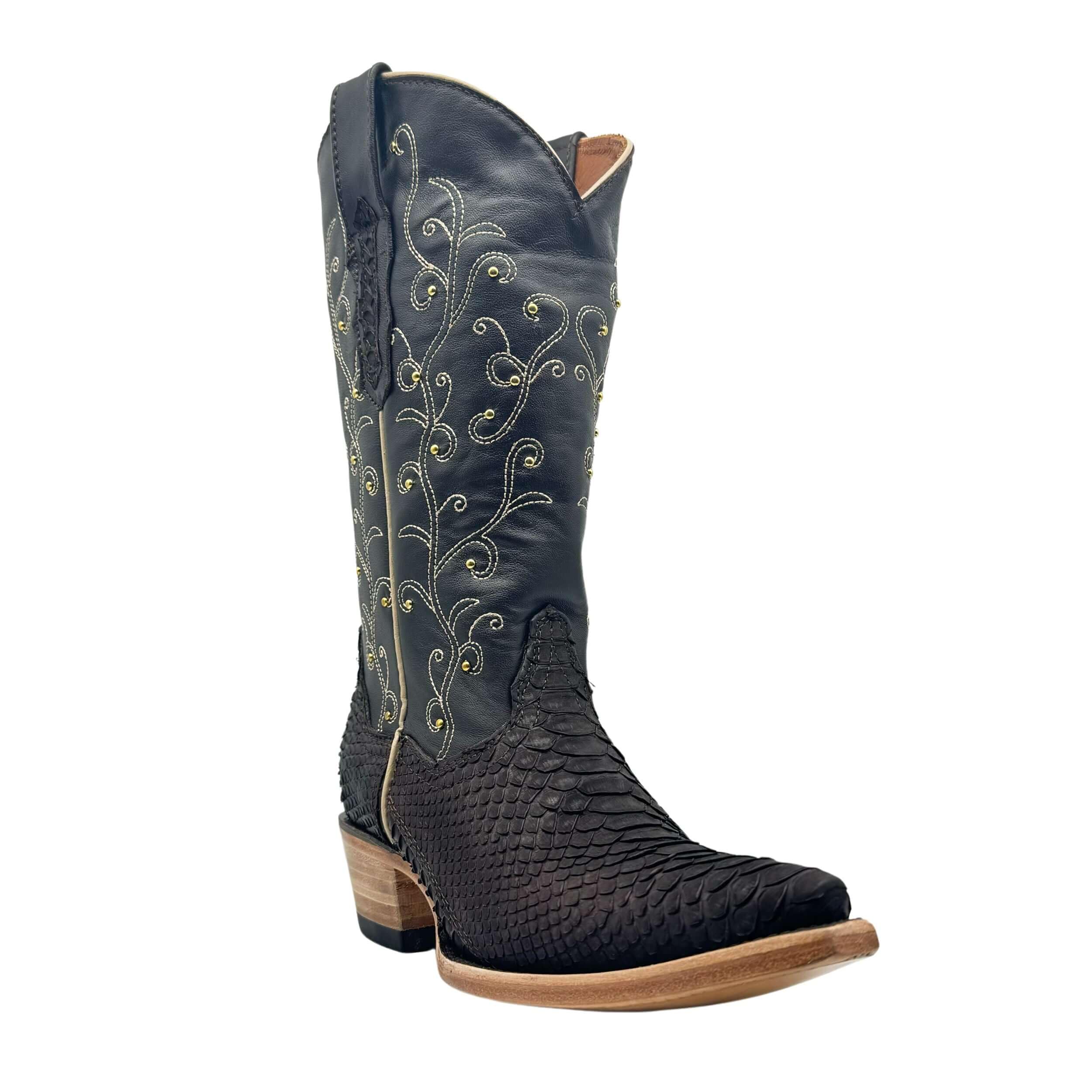 Vaccari Women's Piper Genuine Matte Chocolate Python & Studs Snip Toe Cowgirl Western Boots - Stylish & Comfortable for Country Dancing, Rodeo Events & Western Fashion