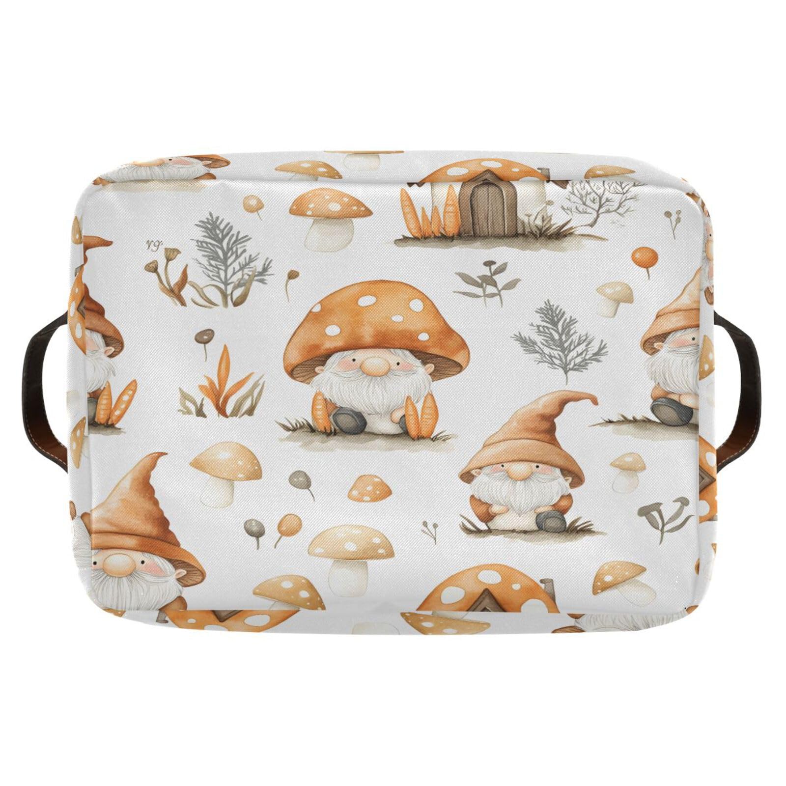 Qilmy Mushroom Gnome Storage Basket 2 Pack - Collapsible Canvas Rectangular Bin with Leather Handles for Closet, Office, Nursery & Home Organization | Perfect for Toy Storage, Blanket Baskets & Bedroom Decor