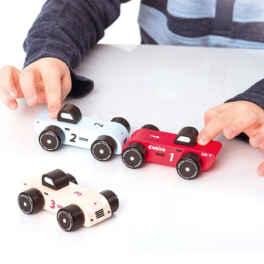 Cubika Wooden Vehicle Set - 12 Piece Race Car Toy Collection for Kids - Perfect for Pretend Play, Birthday Gifts & Montessori Learning Activities