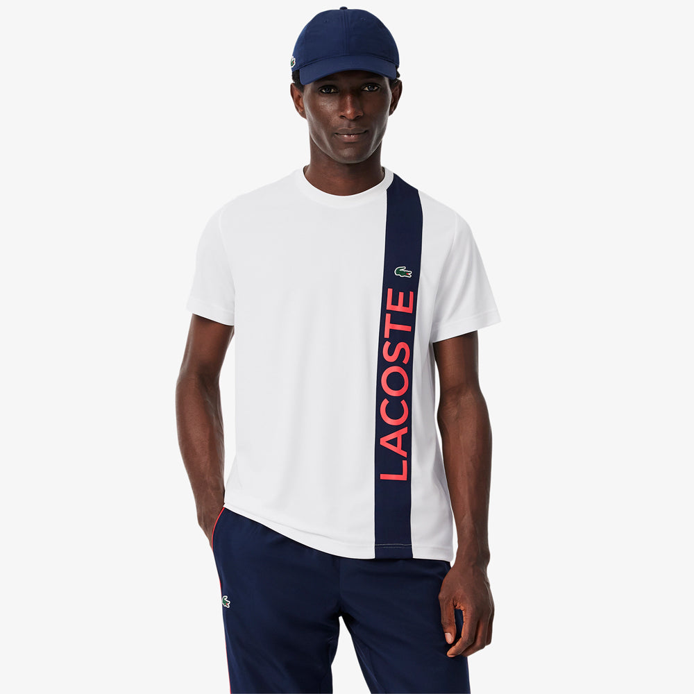 Lacoste Men's Ultra Dry Print Branding Sport Tee - Moisture Wicking Quick Dry Active T-Shirt for Gym, Running & Casual Wear - White/Navy Blue