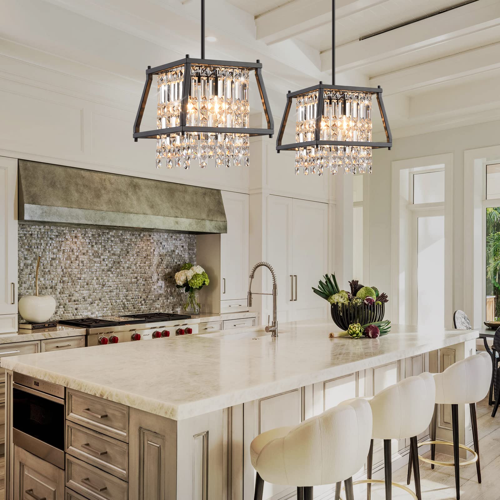 LMQNINE Farmhouse Chandelier - 11.81 Inch Black Metal Crystal Pendant Light for Kitchen Island, Dining Room, Living Room - Flat & Inclined Ceiling (Trapezoid Design) - Perfect for Rustic, Modern & Farmhouse Decor