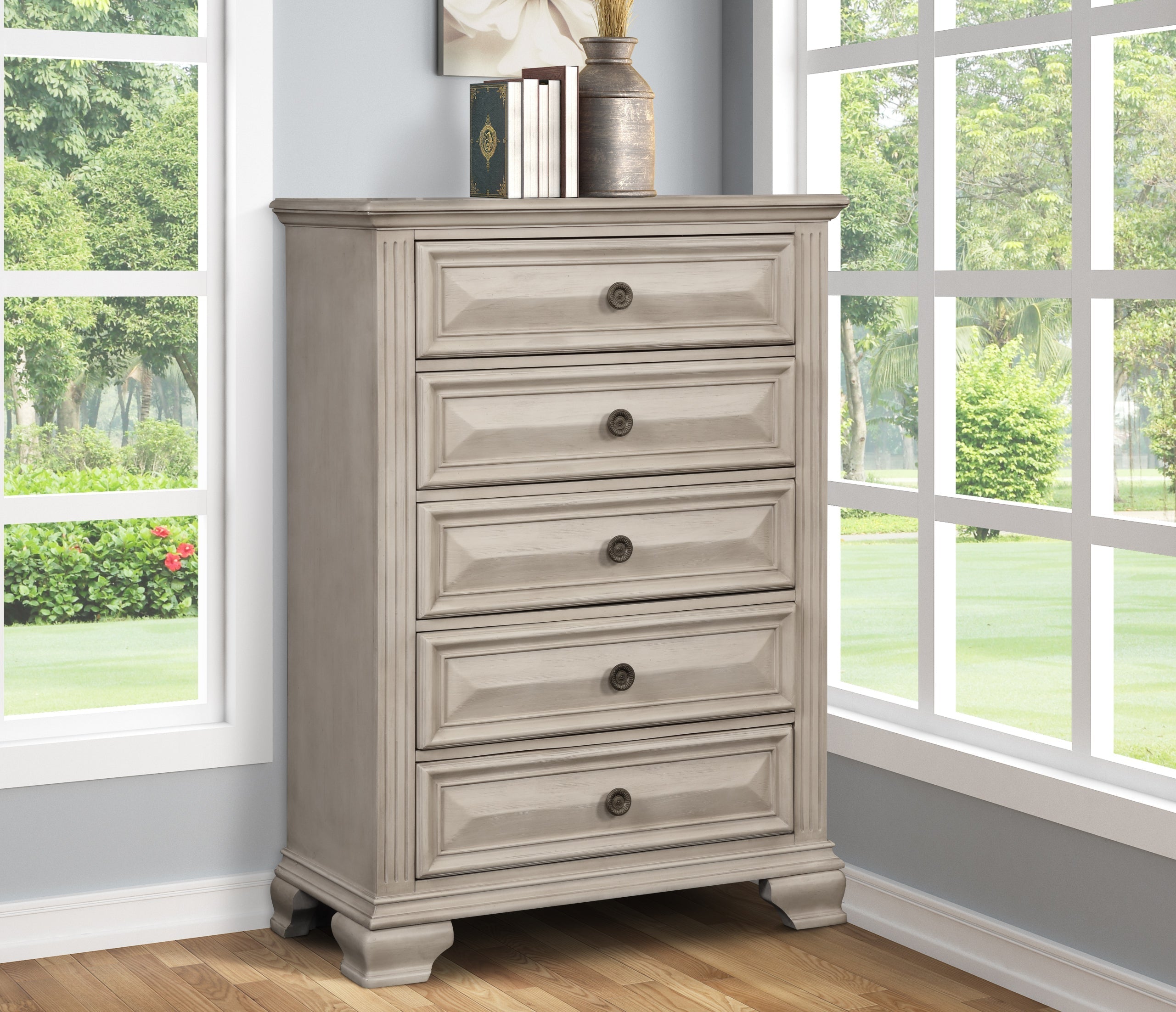 Distressed Parchment 5-Drawer Chest - Vintage Style Wooden Dresser for Bedroom & Living Room Storage | Perfect for Farmhouse, Rustic & Shabby Chic Home Decor