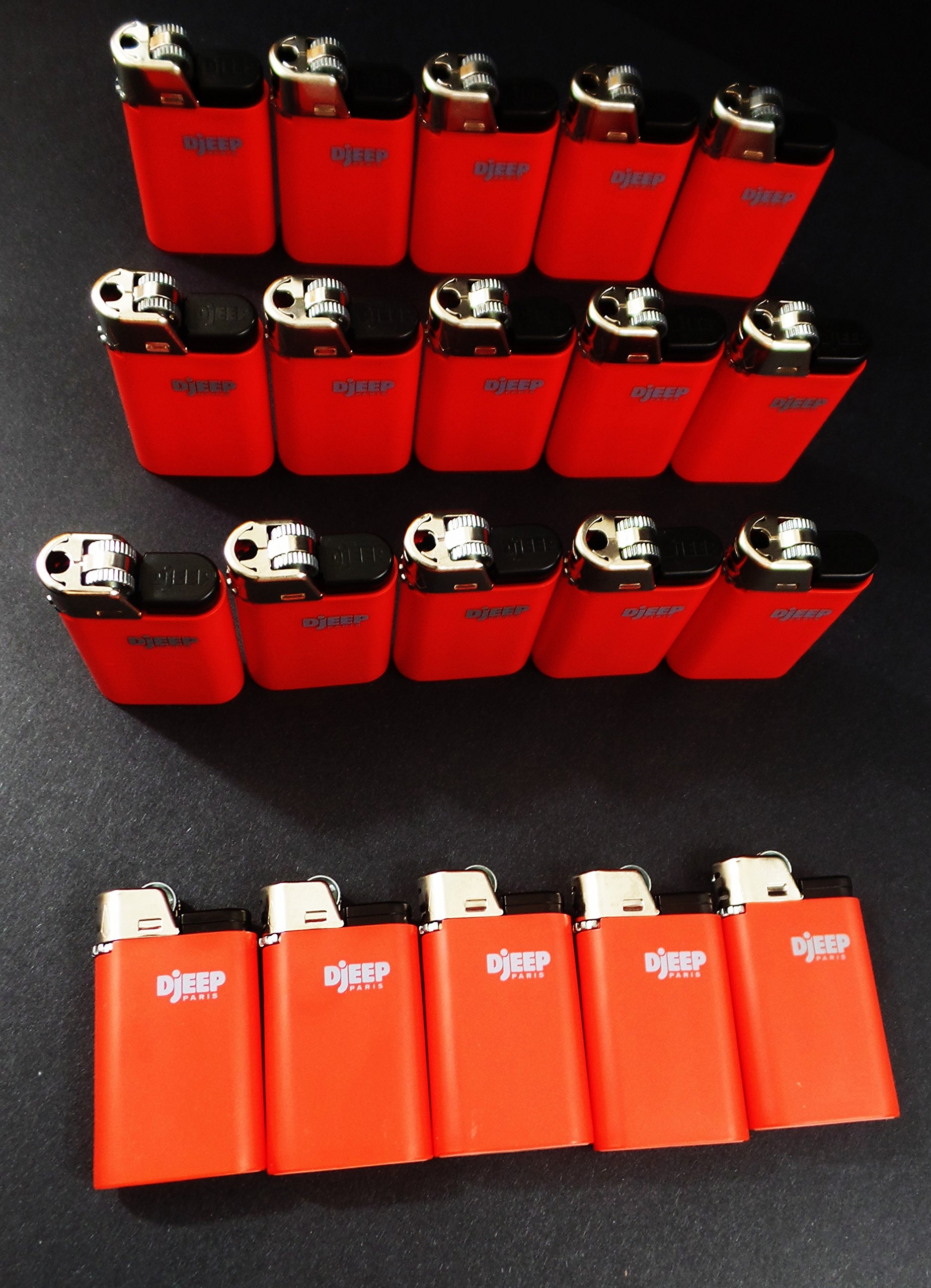 Lot of 20 Red Djeep Lighters - Windproof Refillable Cigarette Lighters for Camping, Hiking & Outdoor Use