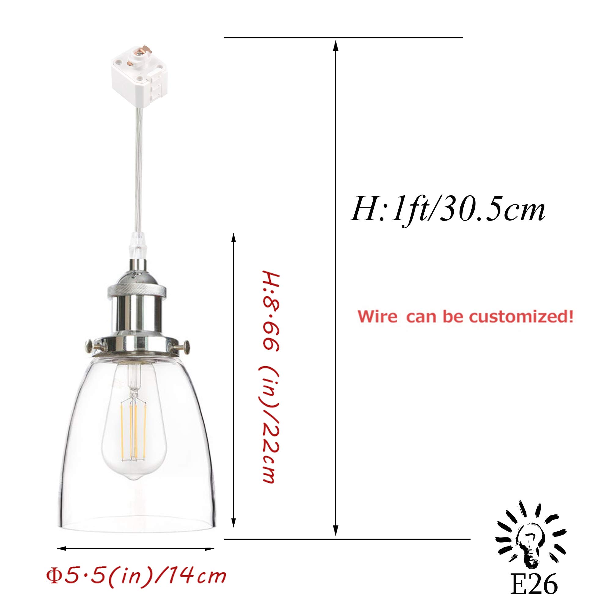 Industrial H-Type Track Light with Clear Glass Cone Shade - Chrome E26 Socket, 1ft Pendant Lamp - Dimmable & Customizable 3-Light Fixture for Restaurants, Factories & Modern Home Lighting