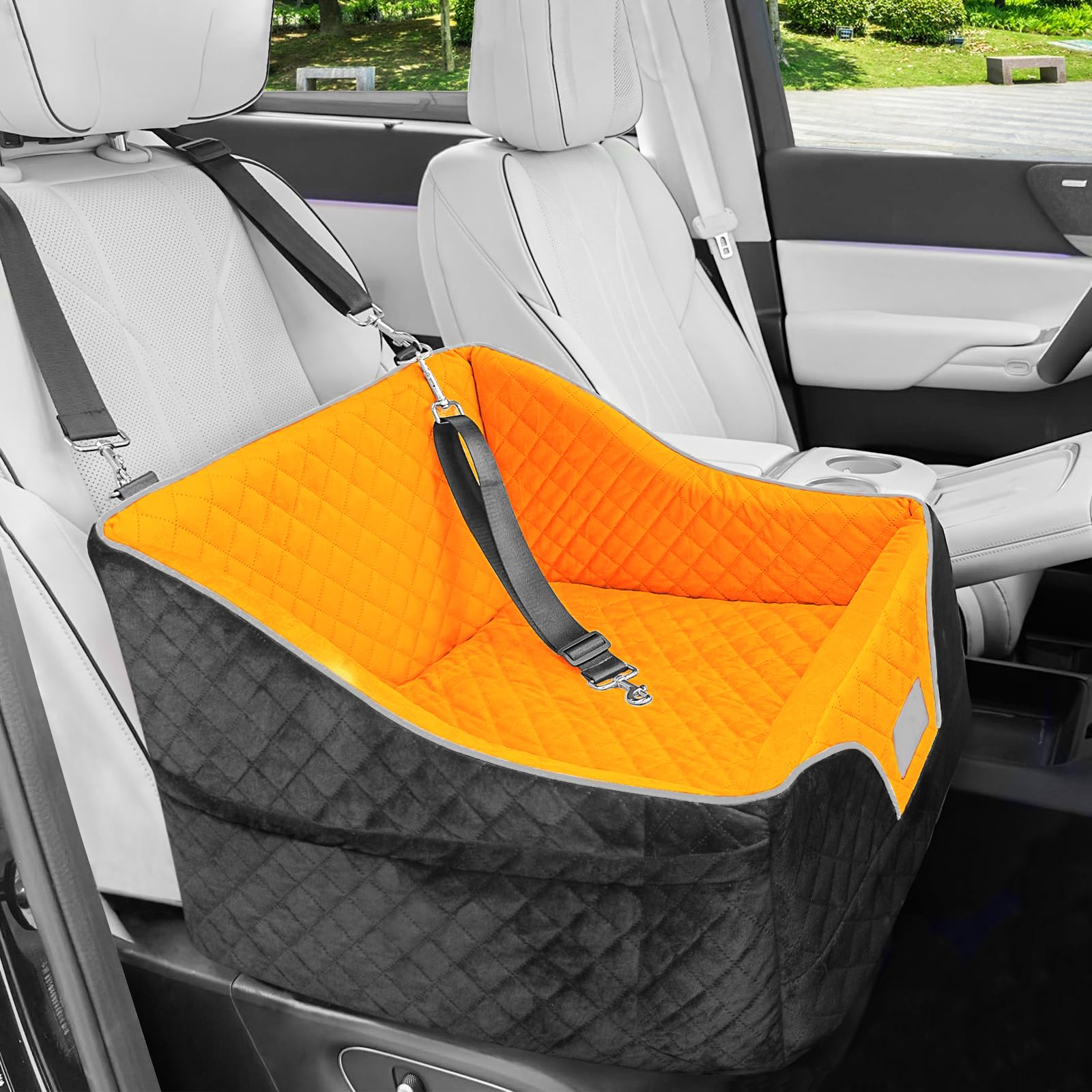 Lepark Dog Car Seat for Small Dogs & Cats - Washable Pet Booster Seat with Storage Pockets - Travel Safety Carrier for Front/Back Car Seats (Orange) - Perfect for Road Trips & Daily Commutes