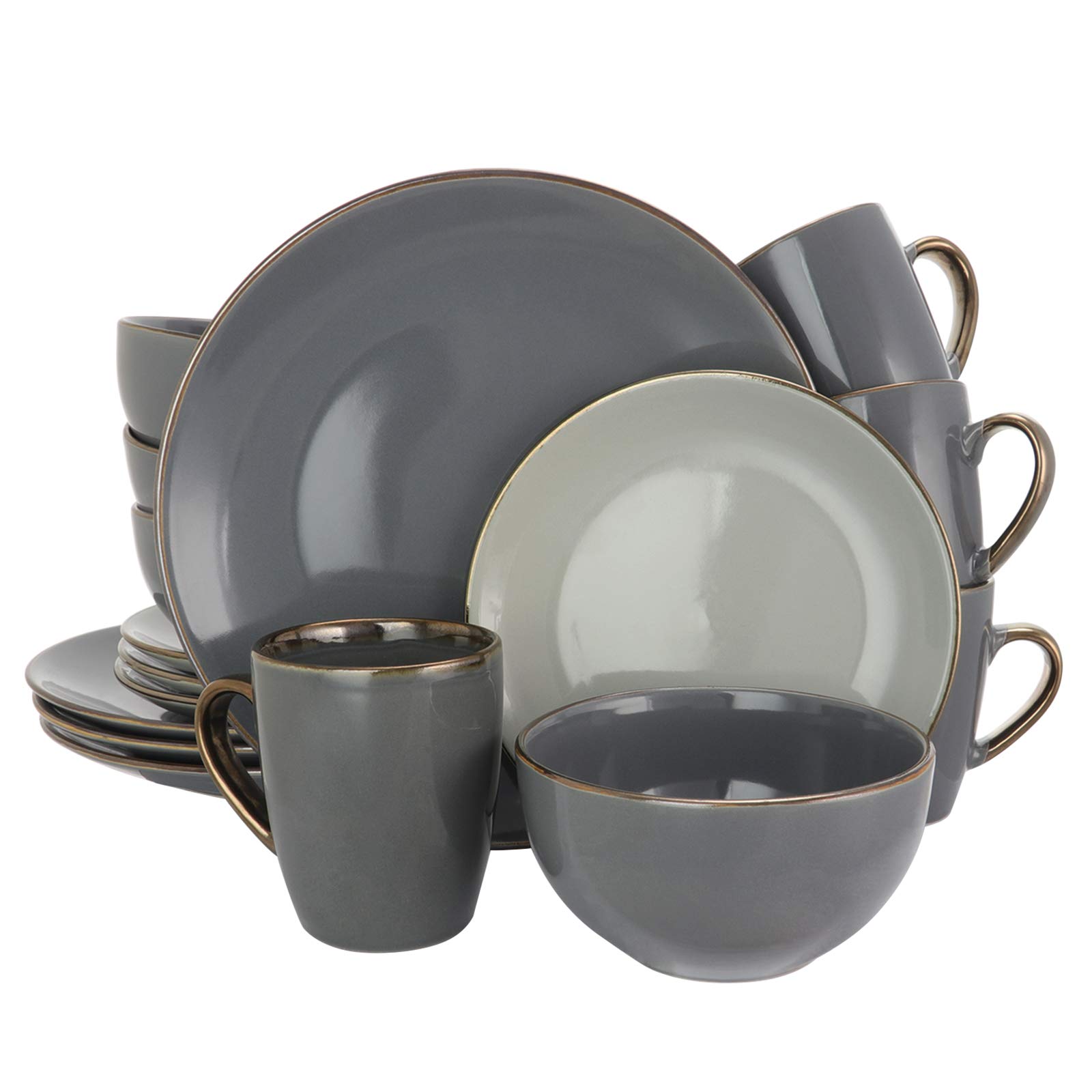 Elama 16-Piece Round Stoneware Dinnerware Set - Durable Gray Ceramic Plates, Bowls & Mugs - Perfect for Family Dinners, Entertaining Guests & Everyday Use