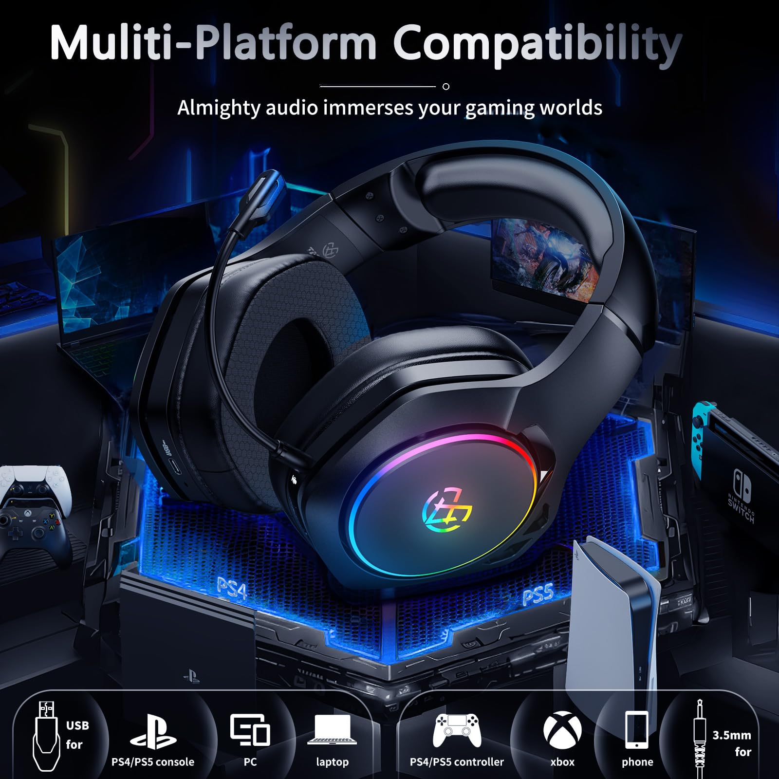 Tatybo 2.4GHz Wireless Gaming Headset for PS5, PS4, PC, Laptop, Switch & Mac - Detachable Noise Cancelling Mic, 20H Battery Life - Perfect for Gaming, Streaming & Online Meetings (Black)
