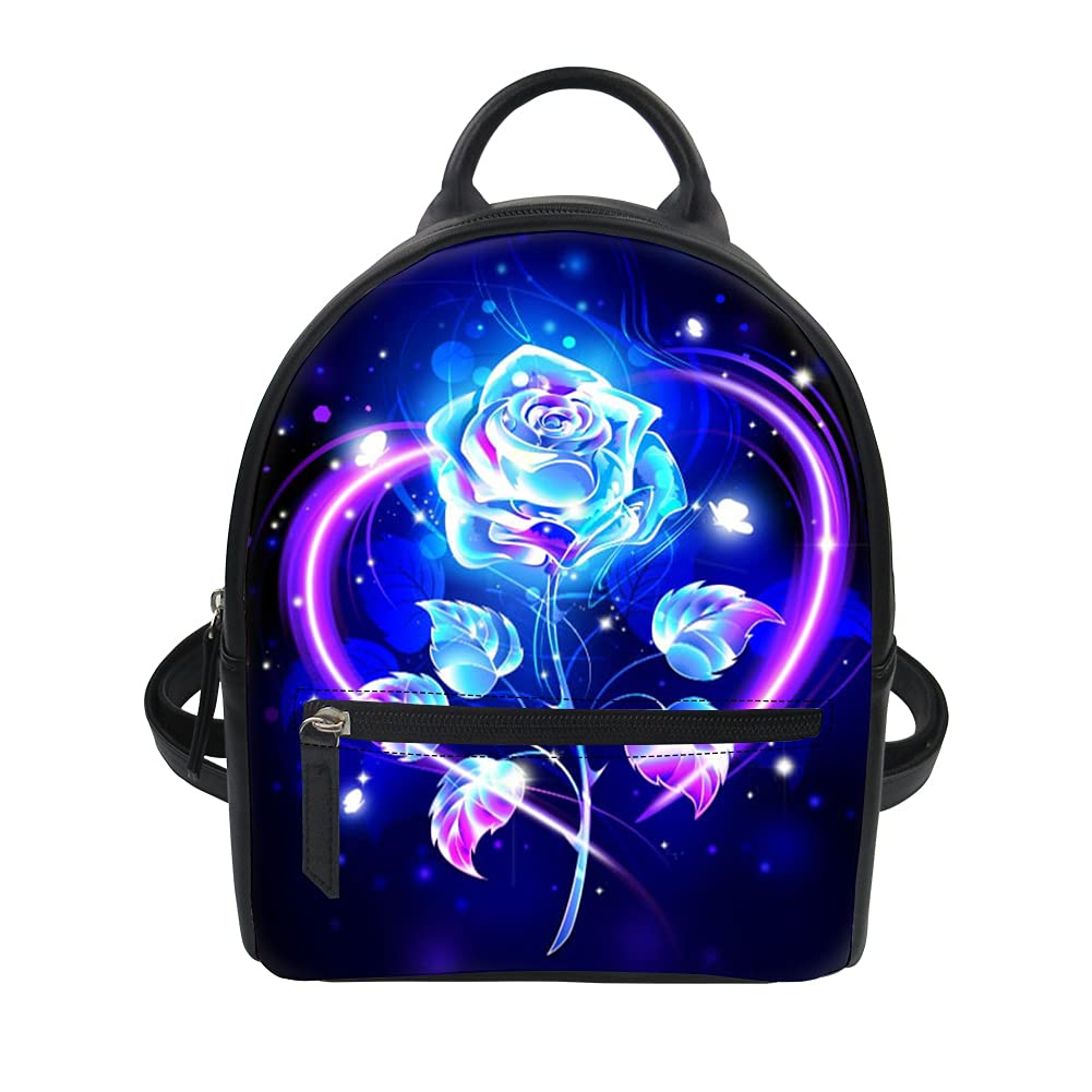JOAIFO Blue Neon Rose Fashion Backpack for Women & Teens - PU Leather Mini Backpack Purse, Shoulder Bag - Perfect for School, Travel & Night Out