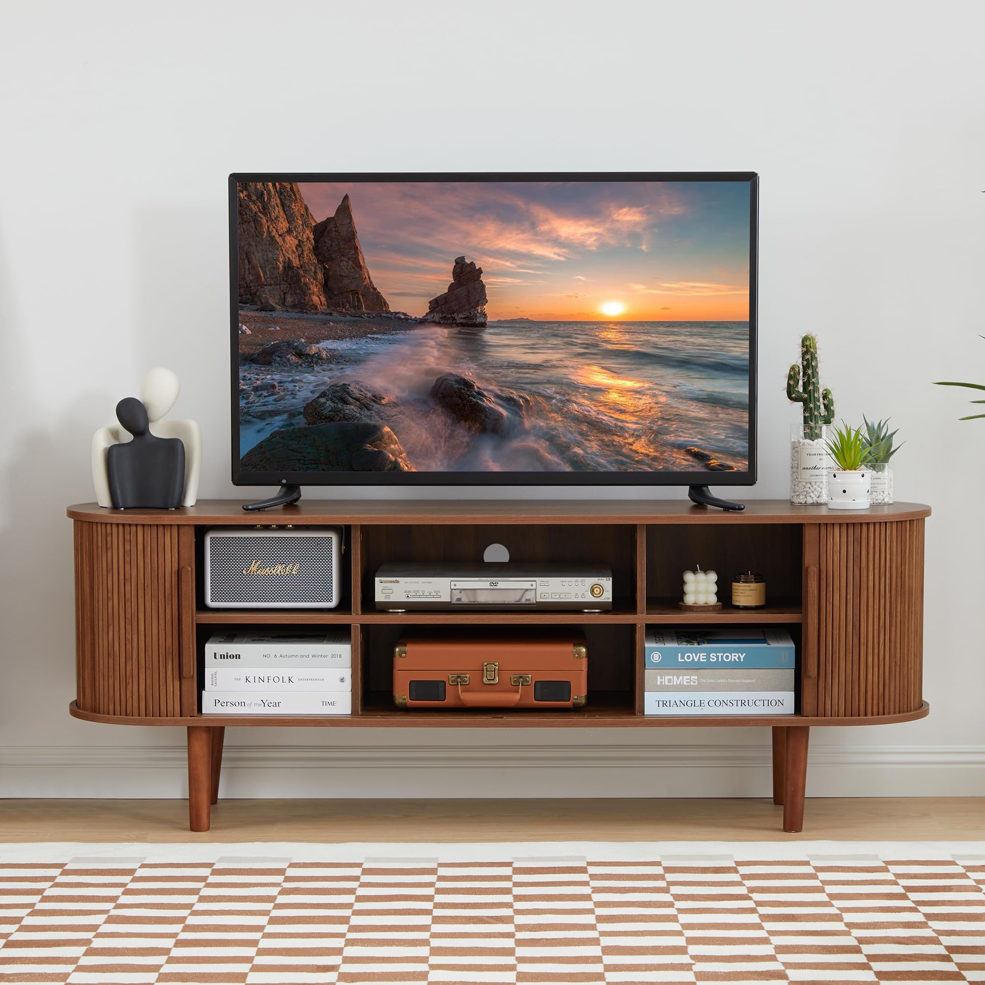 Modern Walnut TV Stand with Storage Compartment & Sliding Doors - Entertainment Center Console Table for Living Room, Bedroom, Office - Perfect for Gaming Setup & Media Organization