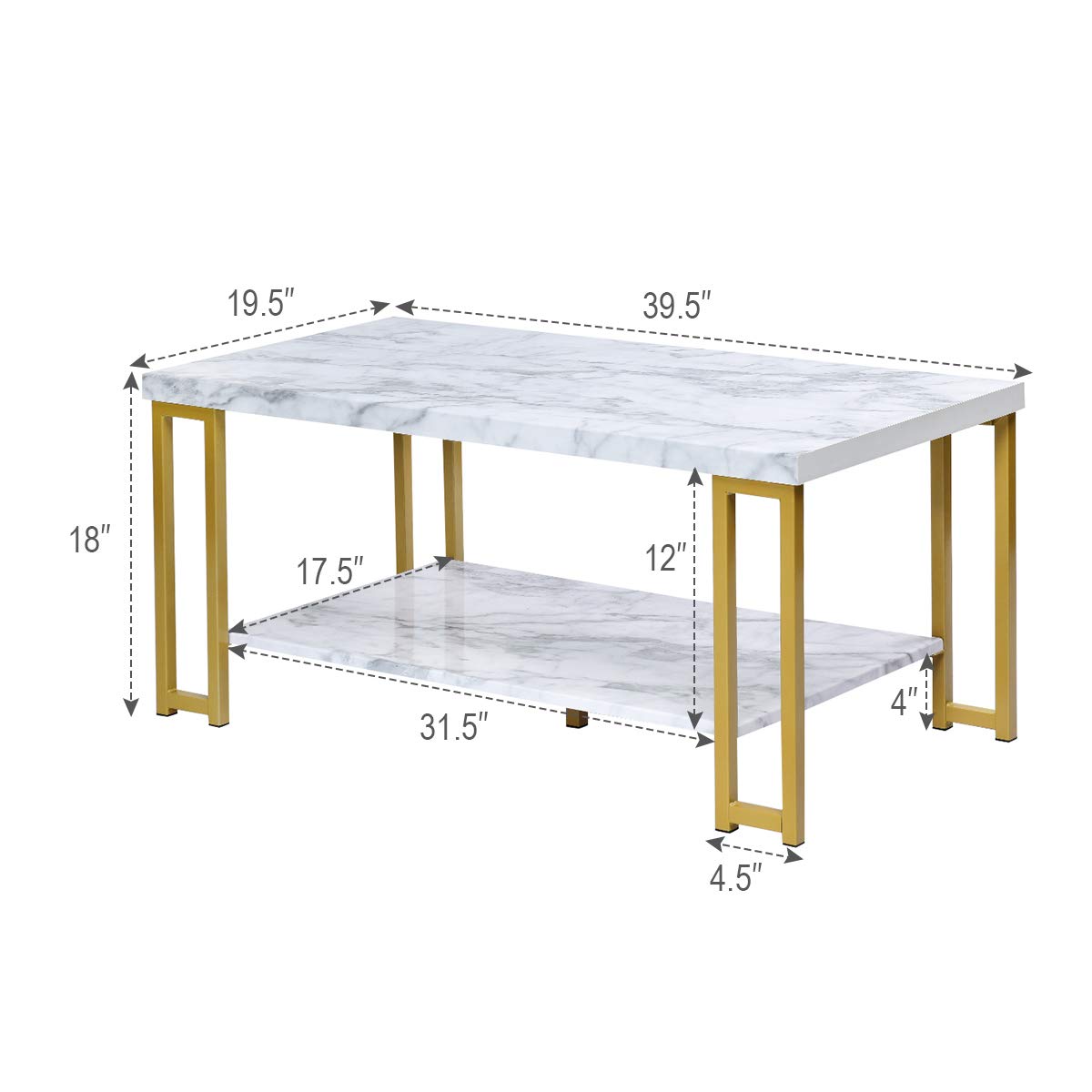 Giantex Modern 2-Tier Rectangular Coffee Table with Faux Marble Top & Gold Metal Frame - Accent Center Table for Living Room, Bedroom, Lounge - Perfect for Entertaining Guests or Relaxing with Coffee