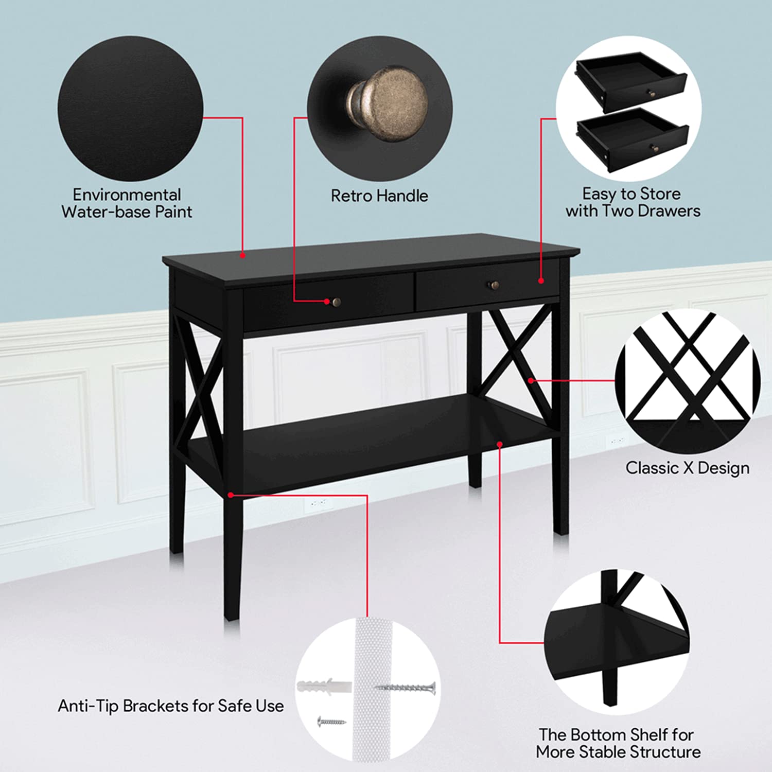 ChooChoo Narrow Wood Console Table with Drawers & Storage Shelf - Entryway Sofa Table for Hallway, Living Room & Front Hall | Perfect for Small Spaces & Home Decor Organization (Black)