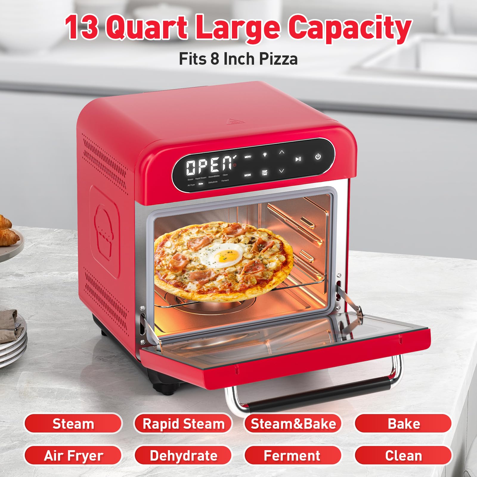Secura 13 Quart Multifunction Air Fryer Steam Oven Combo - Convection Bake, Air Fry, Rapid Steam, Ferment & Dehydrate - Healthy Cooking for Family Meals, Snacks & Meal Prep - Compact Countertop Appliance (Red)