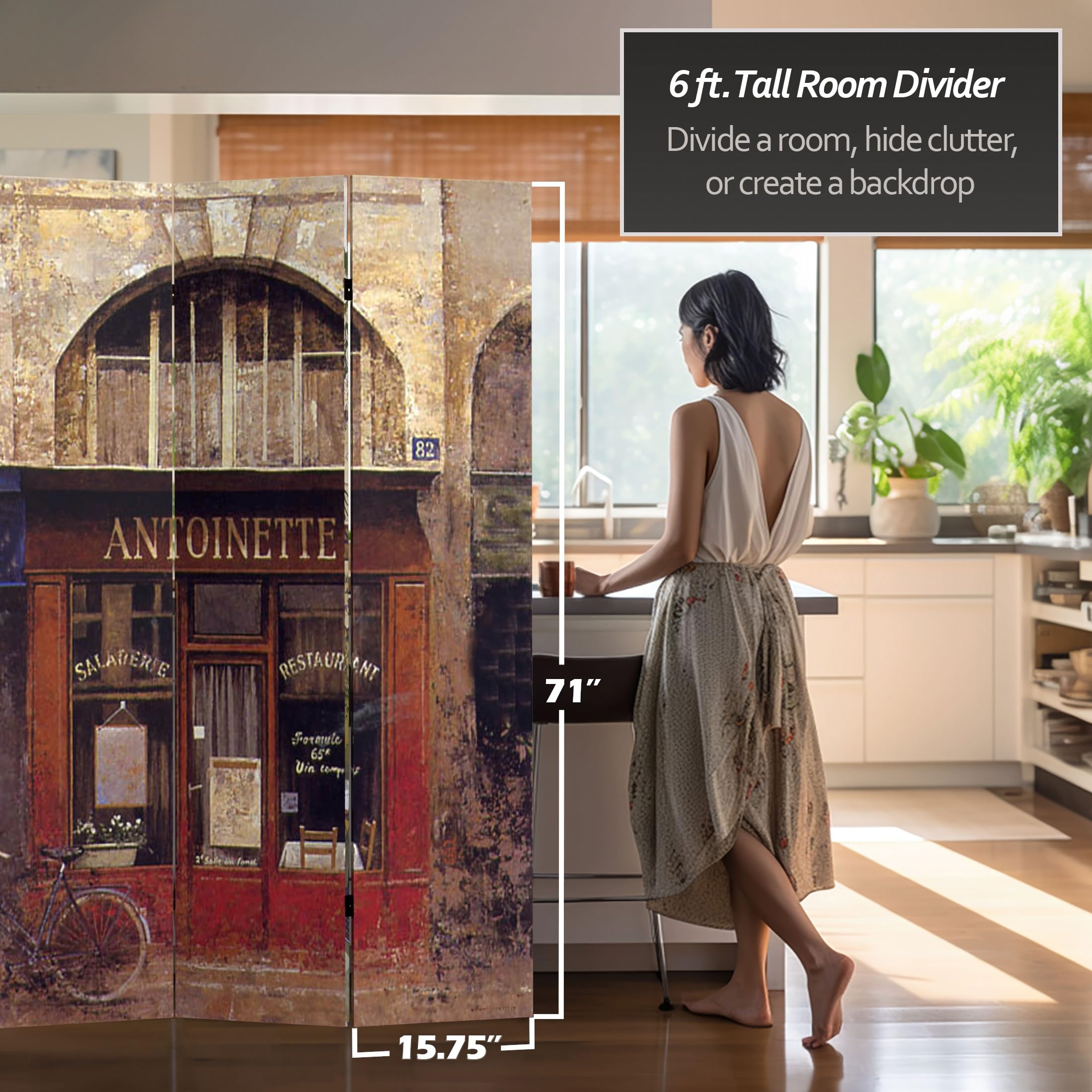 6 ft. Tall Double Sided Red Lantern Brasserie Canvas Room Divider - 71 Inch Height, 3 Panel Width for Home Decor, Office Partition & Event Space Divider