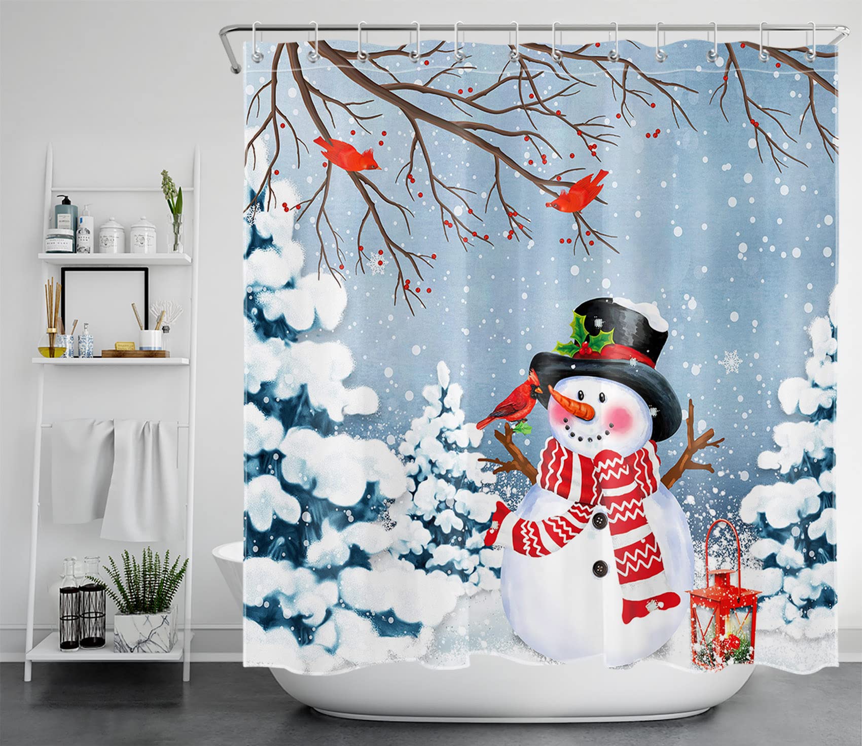 ECOTOB Winter Snow Shower Curtain - Christmas Snowman with Red Cardinal in Snowy Forest Design, Waterproof Fabric Bath Curtain with Hooks (72x72 Inch) for Holiday Bathroom Decor & Cozy Winter Home Atmosphere