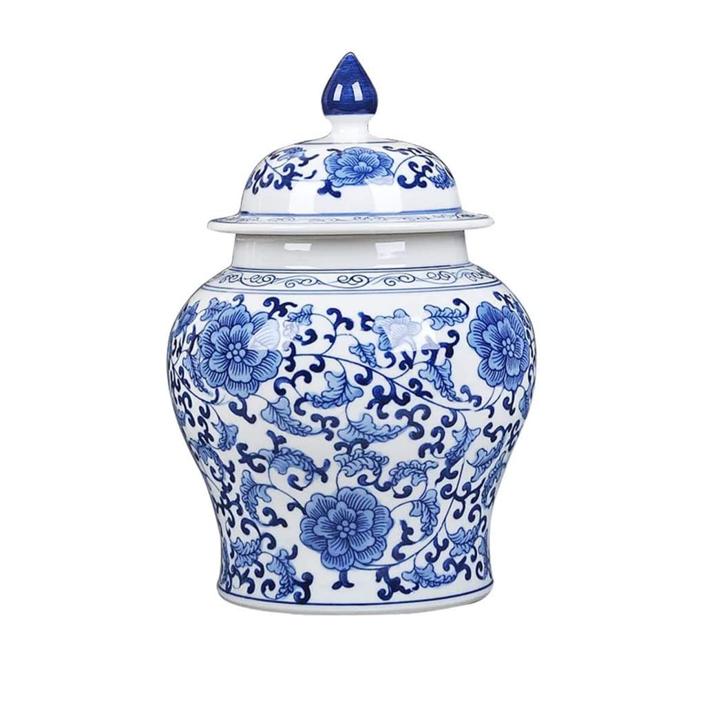 Antique Blue and White Porcelain Ginger Jar with Lid - 10.2 Inch Floral Ceramic Vase for Home Decor, Centerpiece, Indoor & Outdoor Use - Perfect for Living Room, Garden, and Village Themed Decorations