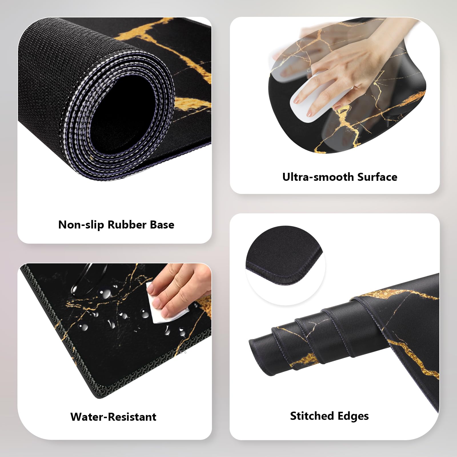 Ergonomic Mouse Pad with Wrist Rest - Black Gold Marble Desk Mat Set for Keyboard & Mouse - Office & Gaming Accessories for Comfort & Productivity - Perfect for Workstations, Home Offices & PC Setups