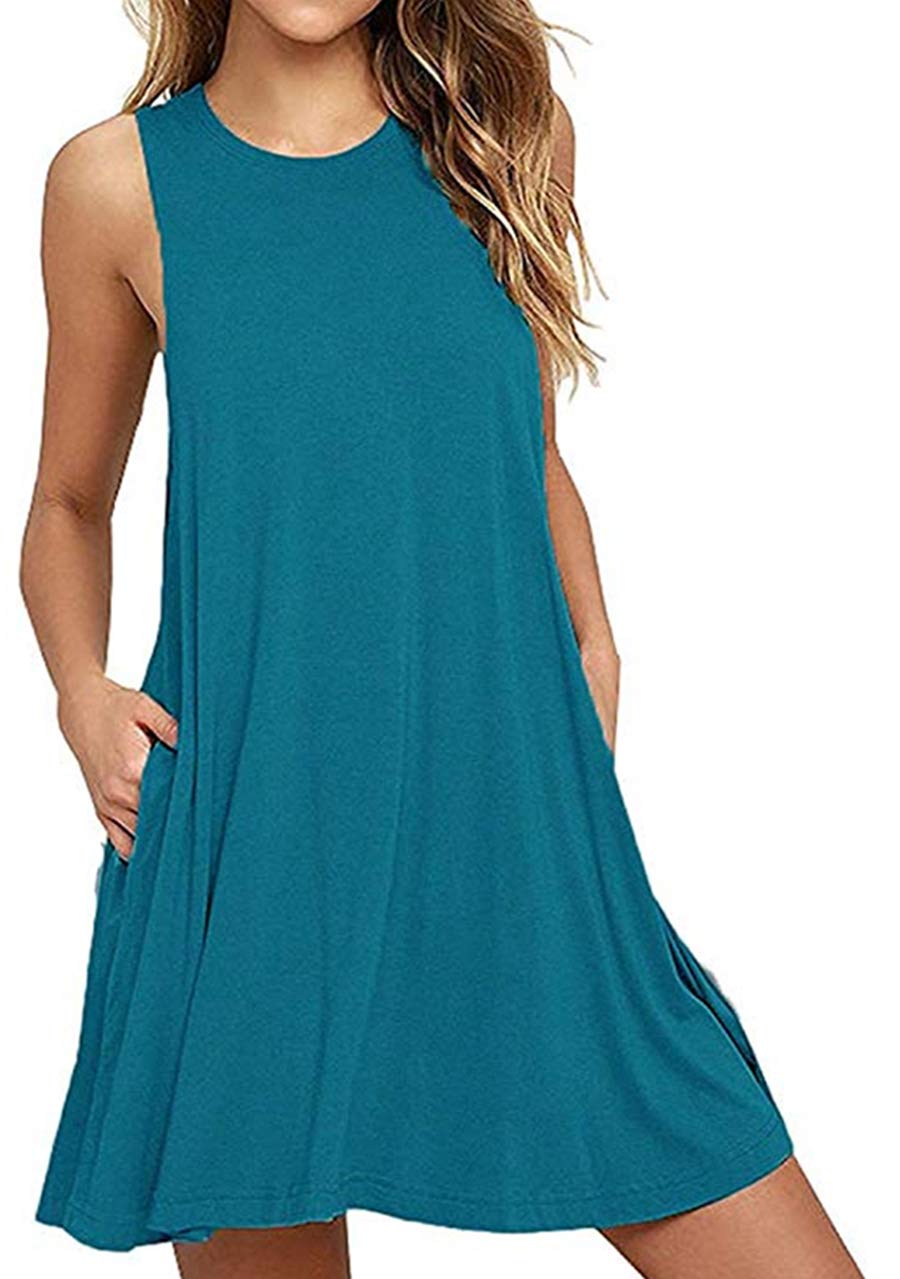 OMZIN Women's Sleeveless Swing Dress - Flared Tank Mini Dress with Pockets | Summer Casual Wear for Beach, Party & Vacation Outfits