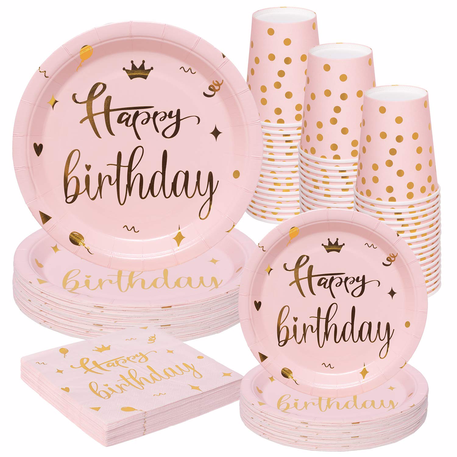 Larchio Pink & Gold Birthday Party Tableware Set - 20 Disposable Plates, Napkins, Paper Cups for Women & Girls Birthday Celebration - Perfect for Baby Showers, Bridal Parties, Anniversary Events