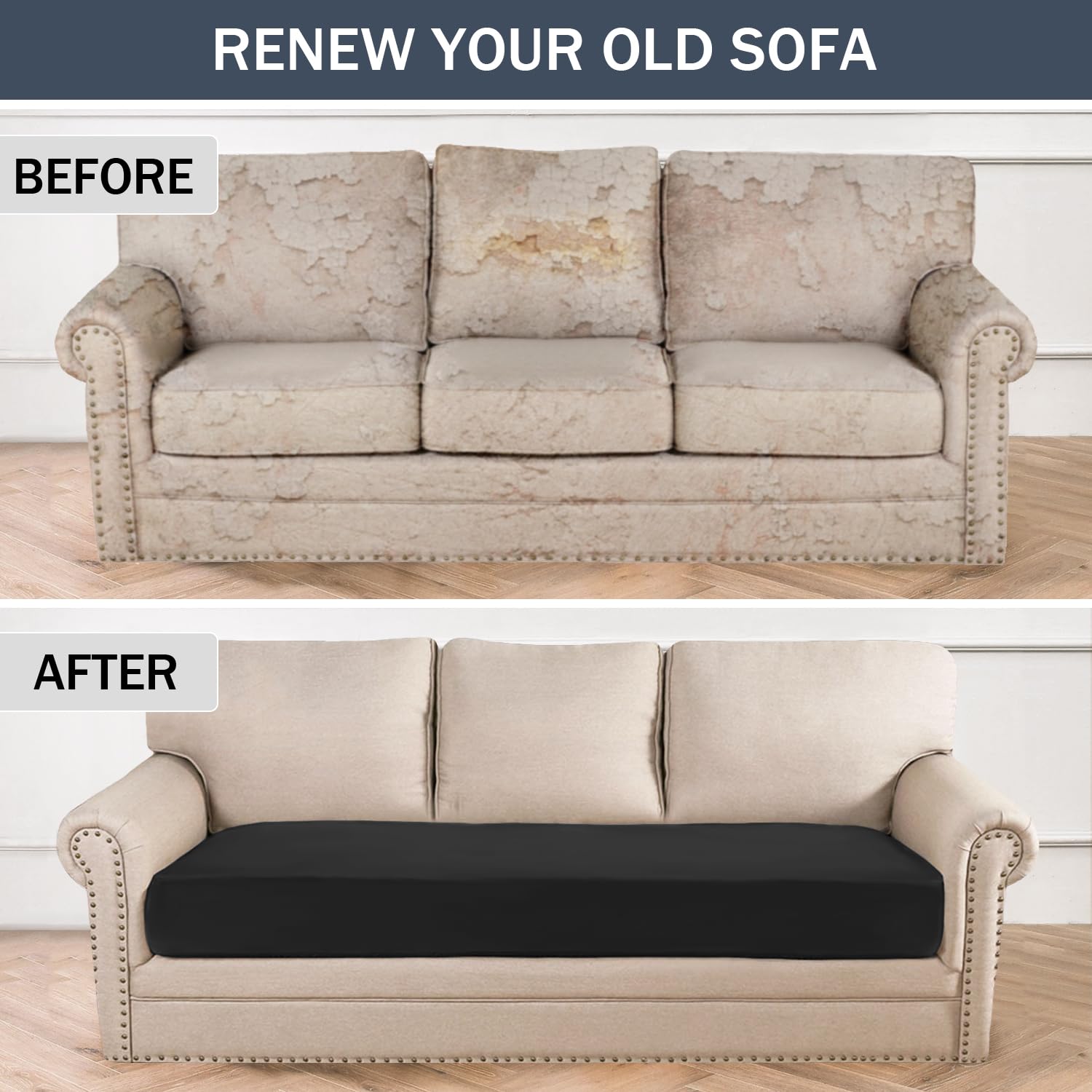 Soft Velvet Plush Stretch Cushion Cover - Elastic Bottom Furniture Protector for Loveseat, Sofa & Couch (Large, Black) | Perfect for Living Room, Bedroom & Home Decor