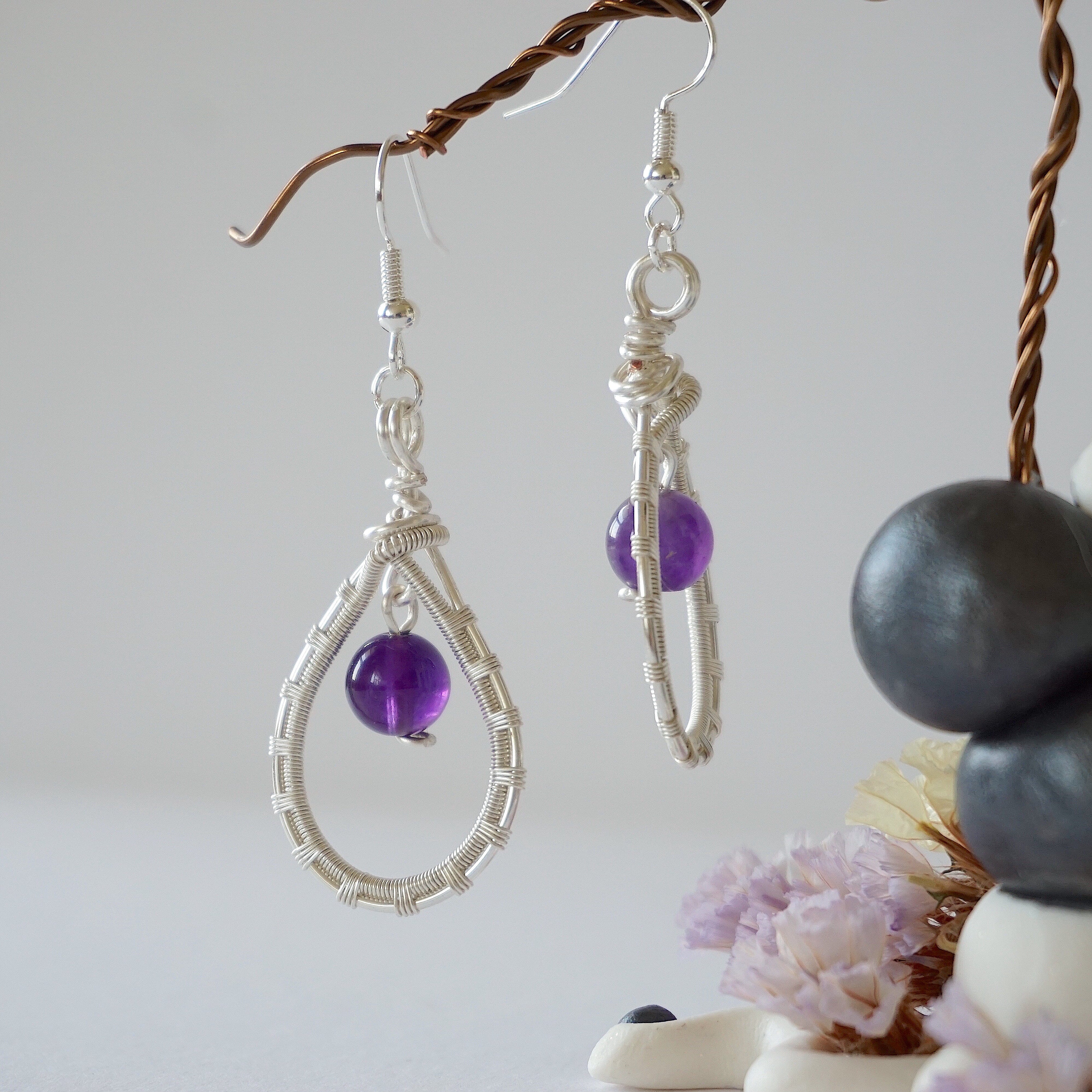 Amethyst Round Wire Earrings for Women - Silver Plated Dangle Earrings - Elegant Purple Gemstone Jewelry for Party, Wedding & Everyday Wear