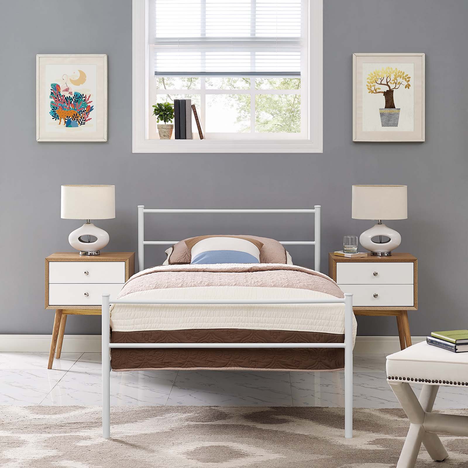 Modway Alina Platform Twin Size Bed Frame - Stainless Steel Metal with White Headboard | Modern & Minimalist Design for Small Bedrooms, Guest Rooms & Dormitories