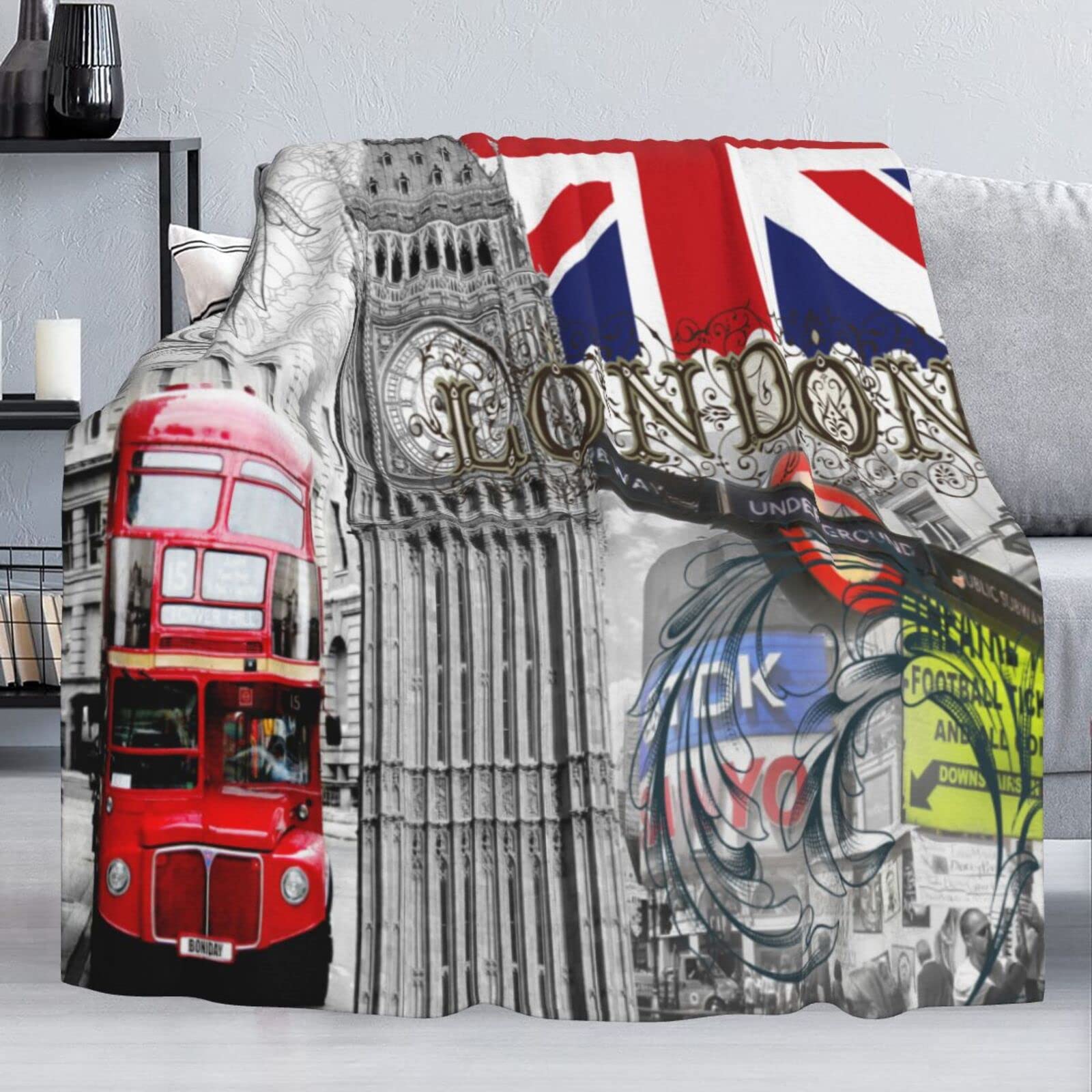 Delerain London Flannel Fleece Throw Blanket 50x60 Inches - Ultra Soft & Warm All-Season Blanket for Adults & Kids - Perfect for Living Room, Bedroom, Sofa, Couch, Travel & Camping