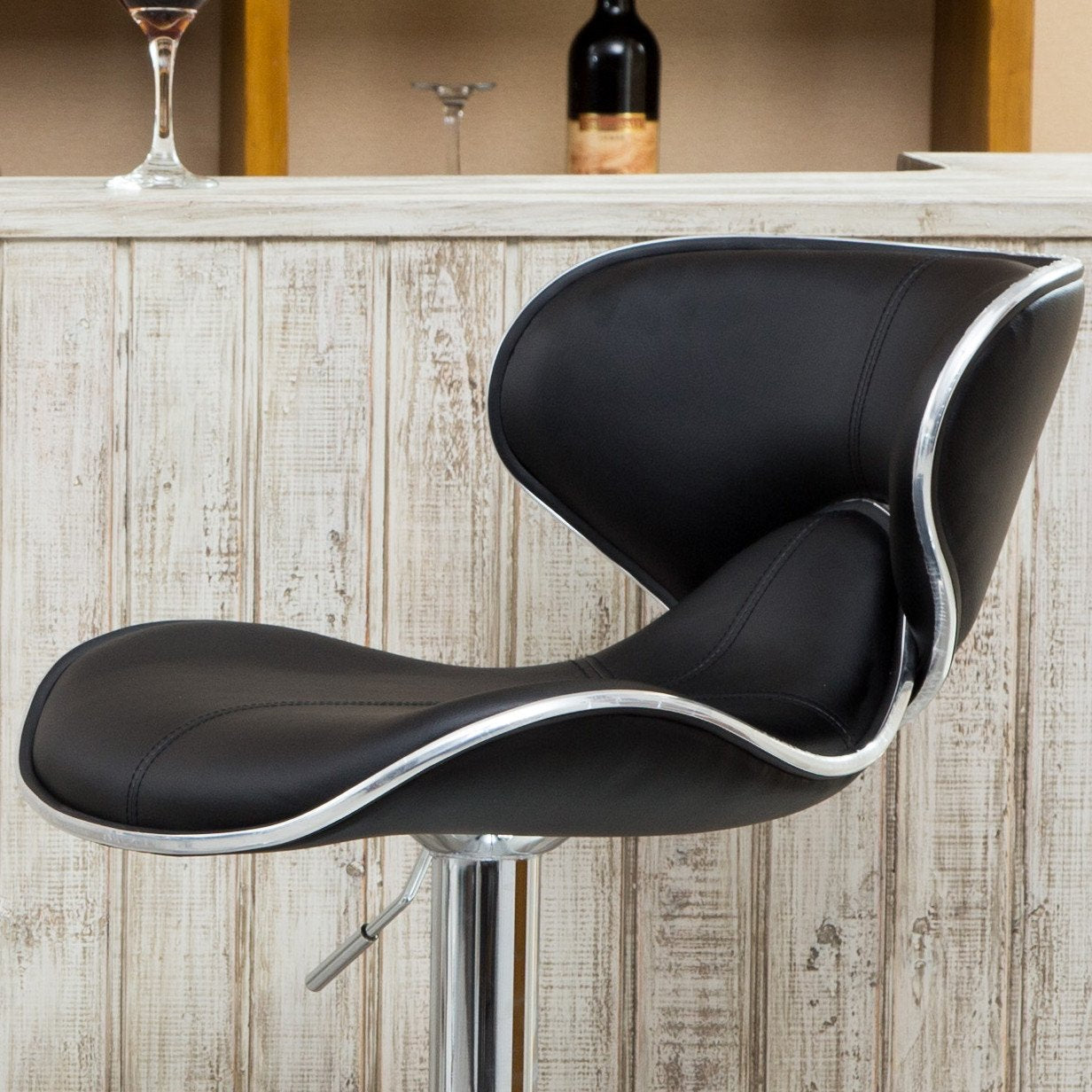 Roundhill Furniture Masaccio Adjustable Swivel Bar Stool - Set of 2, Black Leatherette Upholstery with Chrome Base for Kitchen Island, Home Bar & Counter Height Dining - Comfortable & Stylish Barstools
