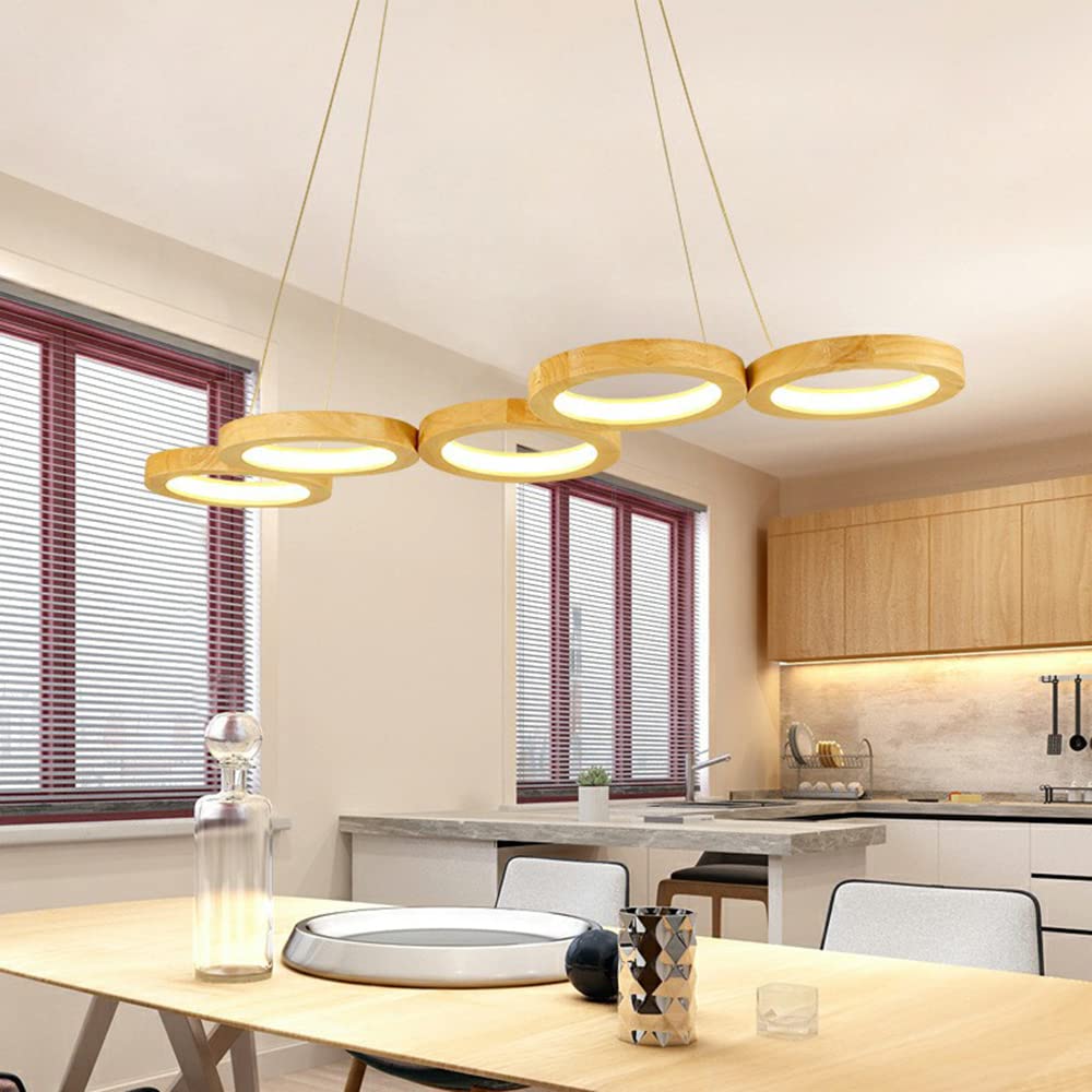 Dimmable LED Kitchen Island Pendant Light with Wood & Acrylic Shade - Modern Minimalist Hanging Lamp for Dining Room & Restaurant - Remote Control Stepless Dimming 5 Rings - Perfect for Kitchen Counter, Bar Counter, and Dining Table Lighting