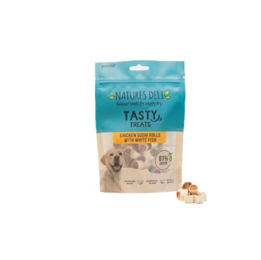Natures Deli Chicken Sushi Rolls with White Fish Dog Treats - Gluten Free, Low Fat, High Protein Bite-Size Biscuits for Dogs (100g) - Perfect for Training Rewards & Healthy Snacking