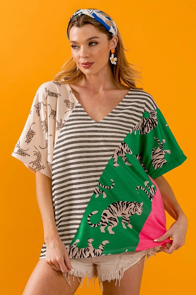 Bibi Tiger Women's Striped Contrast Color Block V-Neck T-Shirt - Casual Wear for Everyday Outfits, Work & Date Nights