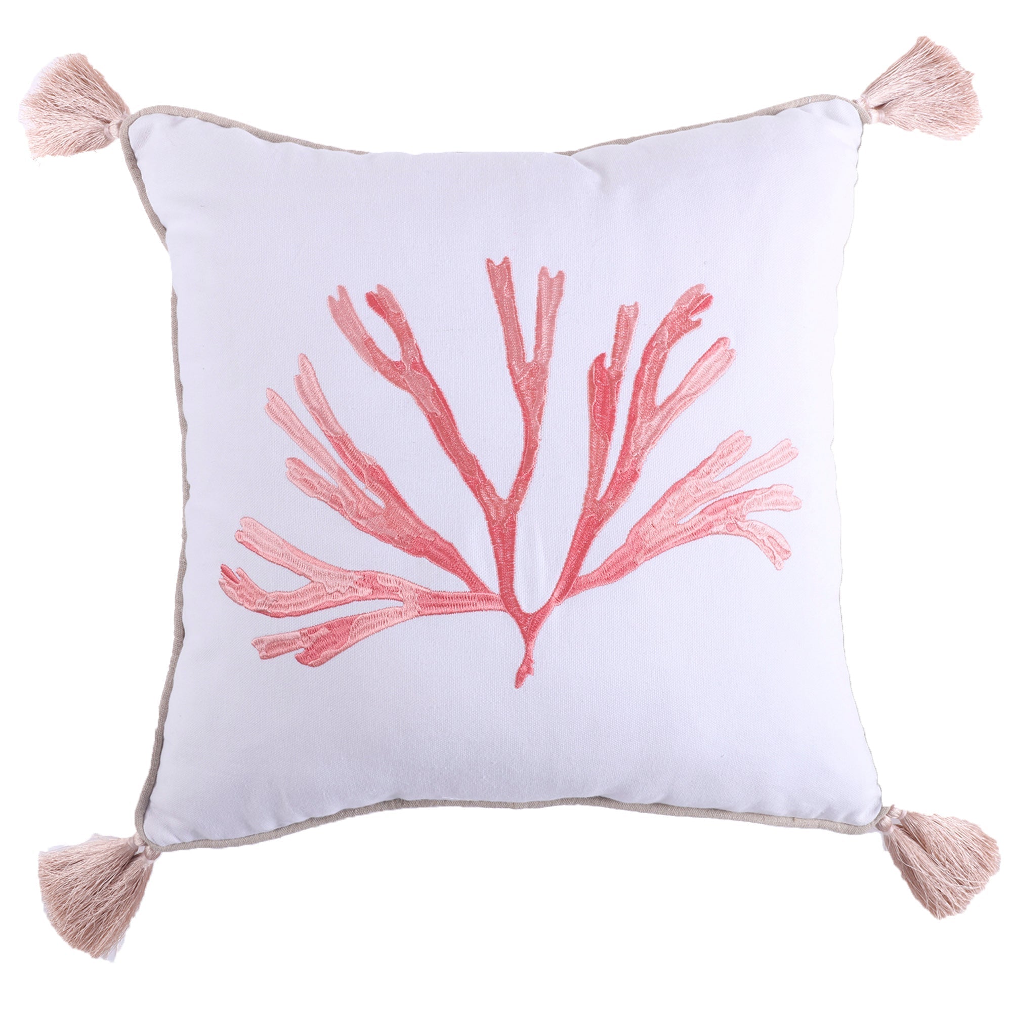 Embroidered Coral with Tassels Throw Pillow Cover - Bohemian Home Decor for Living Room, Bedroom, or Sofa
