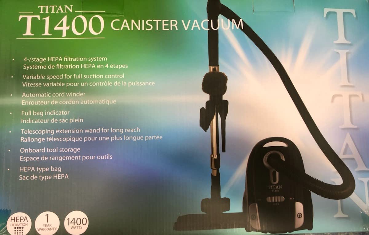 Titan T1400 Compact Canister Vacuum Cleaner with Cord Reel - Powerful Lightweight Home Cleaning for Carpets, Hard Floors & Pet Hair - Black