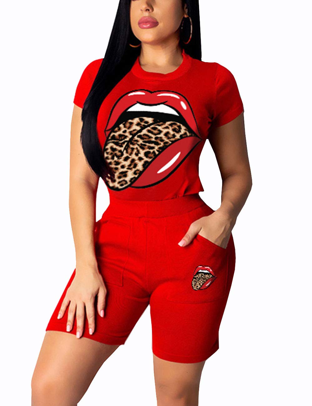 AKMIPOEM Women's 2-Piece Summer Outfit - Short Sleeve Lip Print T-Shirt & Biker Shorts Set | Casual Tracksuit for Gym, Running, Yoga & Streetwear