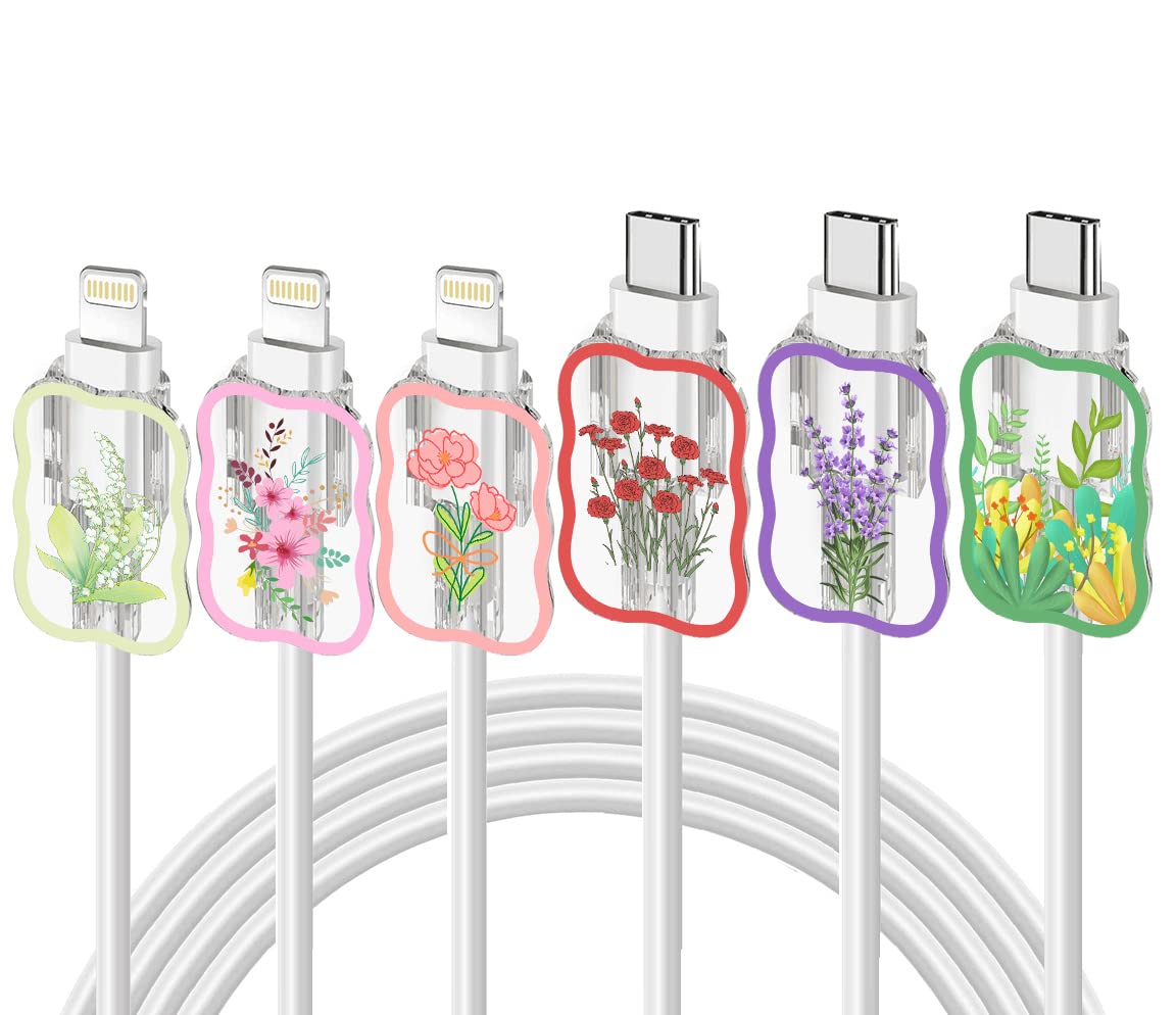 Floral Cable Protector for iPhone & Type C Chargers - 6 Pack Set - Prevent Cable Damage & Tangles - Perfect for Home, Office & Travel Use
