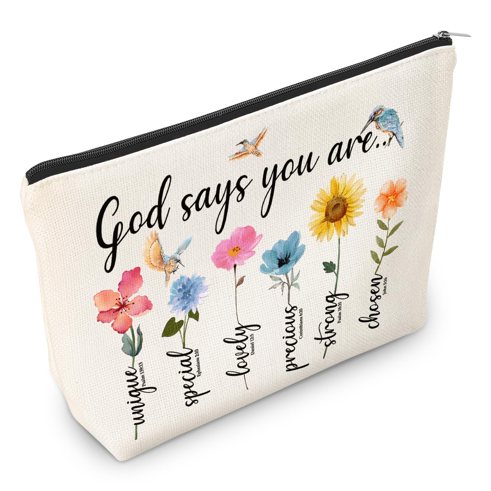 God Says You Are Makeup Bag - Inspirational Bible Verse Cosmetic Pouch, Christian Gift for Women, Encouragement Present with Floral Bird Design - Perfect for Church, Bible Study, Birthday & Daily Use