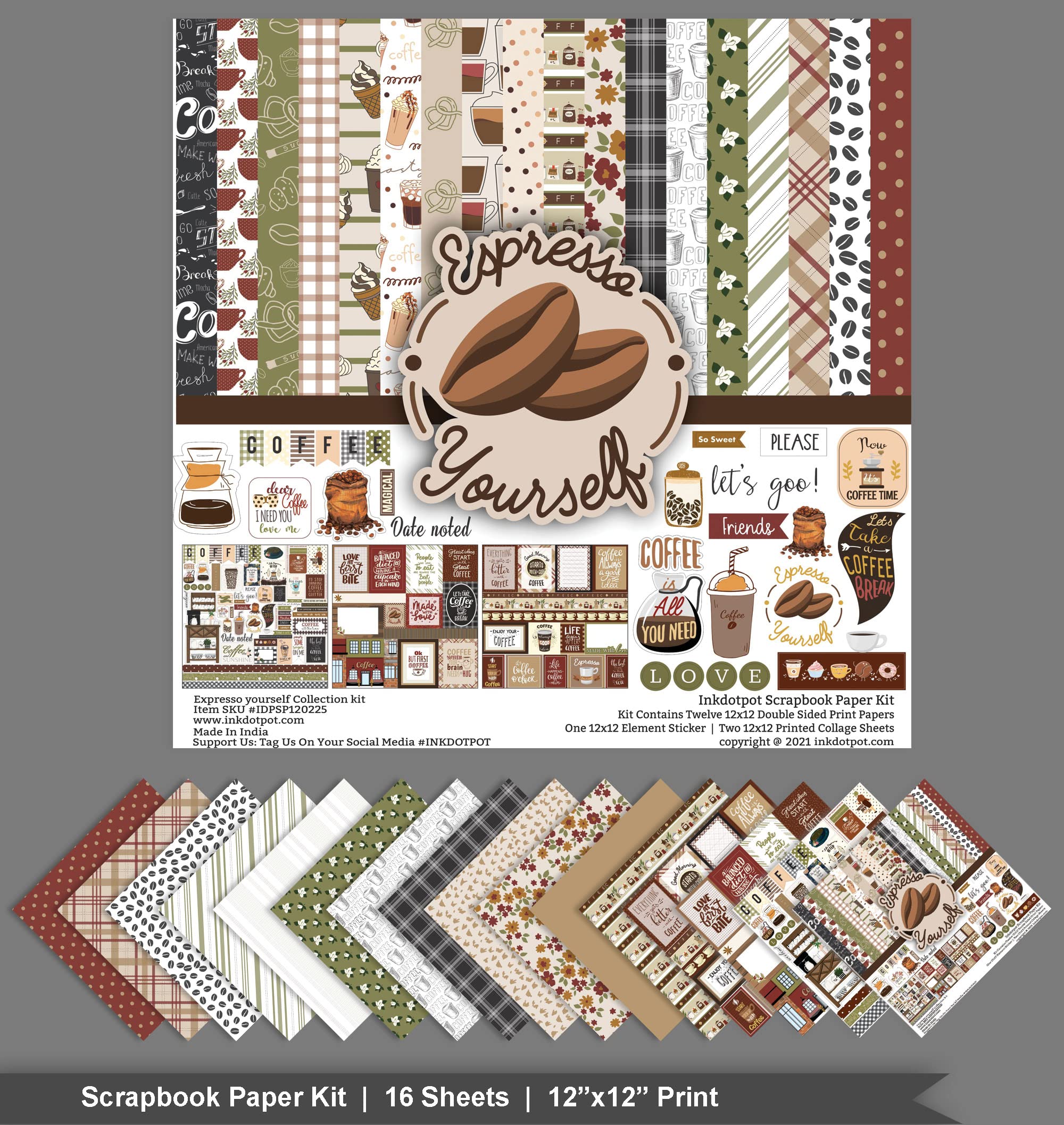 Inkdotpot Coffee Themed Double-Sided Scrapbook Paper Kit - 12