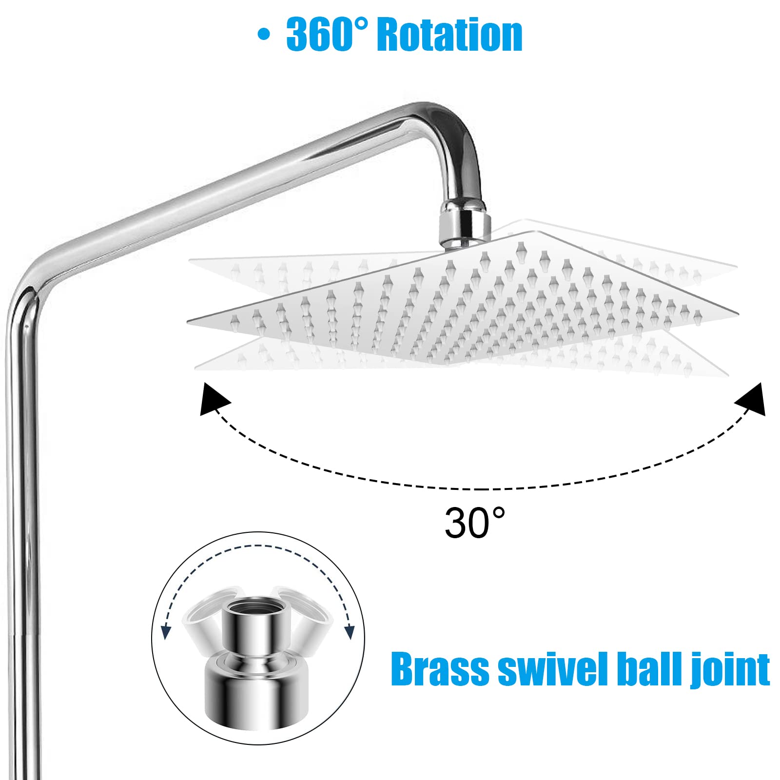 12 Inch Square High Pressure Shower Head - 360° Adjustable Angle Rainfall Showerhead with Universal Fit for Bathroom Replacement - Perfect for Spa-Like Relaxation & Modern Bathroom Upgrades