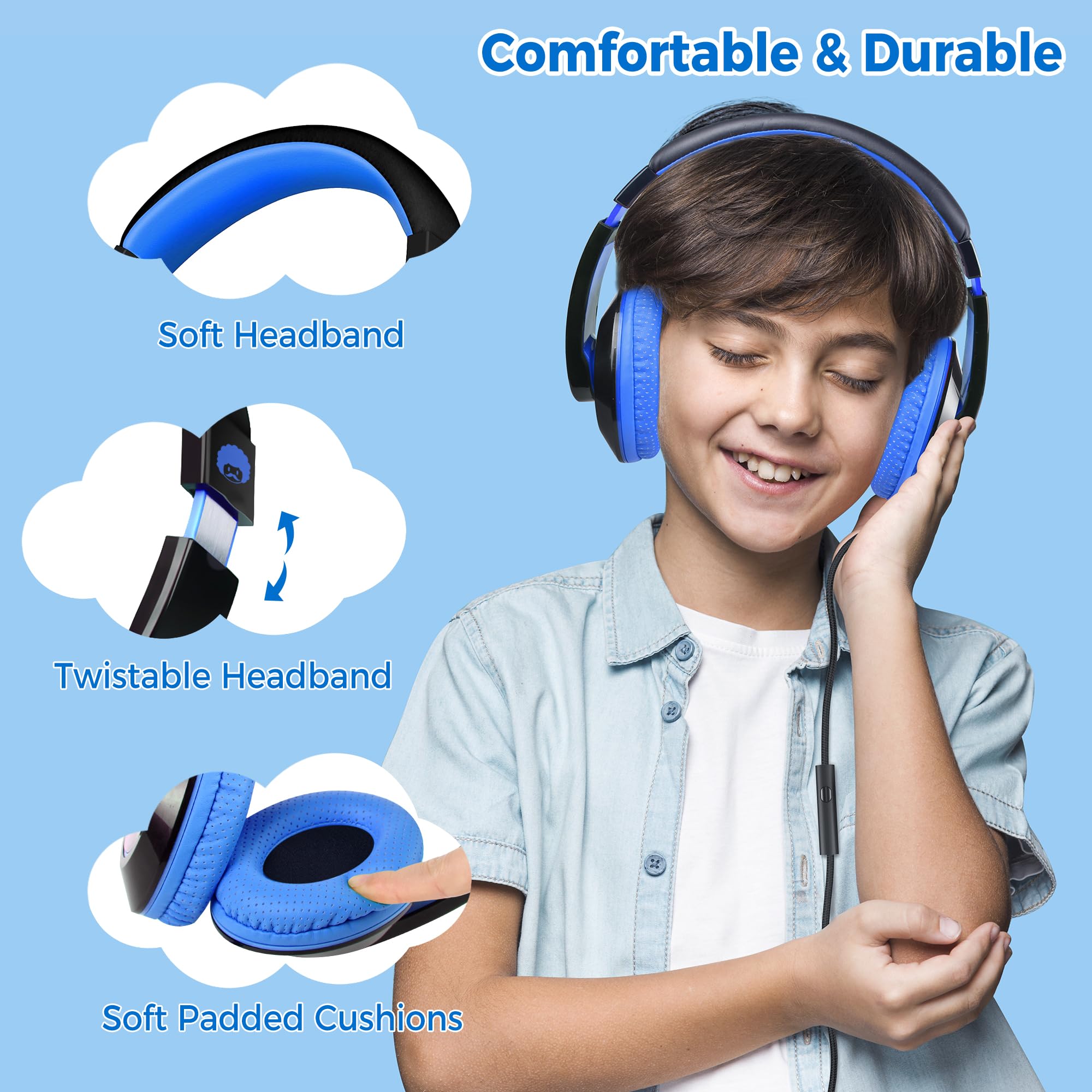 Rockpapa Comfort+ Kids Headphones with Microphone - Over-Ear Wired Headphones for Boys & Girls, Students - Compatible with School, Classroom, Laptop, PC, Computer & Tablet (Black/Blue) - Perfect for Online Learning, Homeschooling & Remote Classes