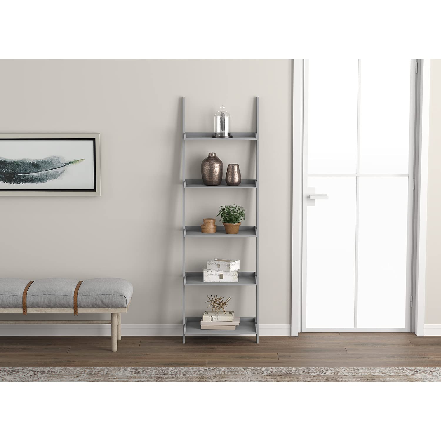 5-Tier Light Grey Wall Shelf with Borders - 70H Sturdy Storage for Living Room, Bedroom & Office Organization