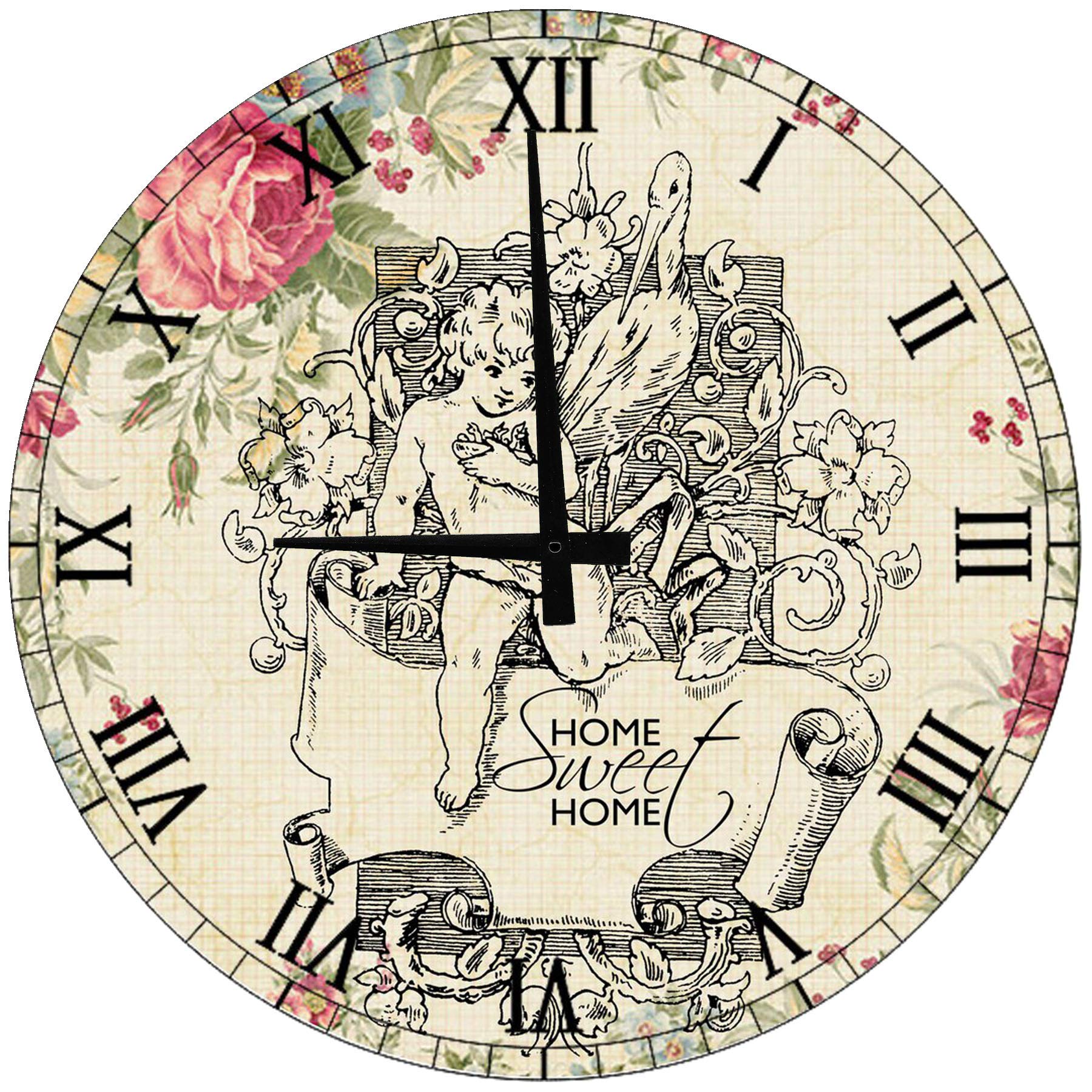 18 Inch Large Round Wood Wall Clock with Cherubs - Vintage Home Decor for Living Room, Bedroom & Office | Home Sweet Home Wall Art