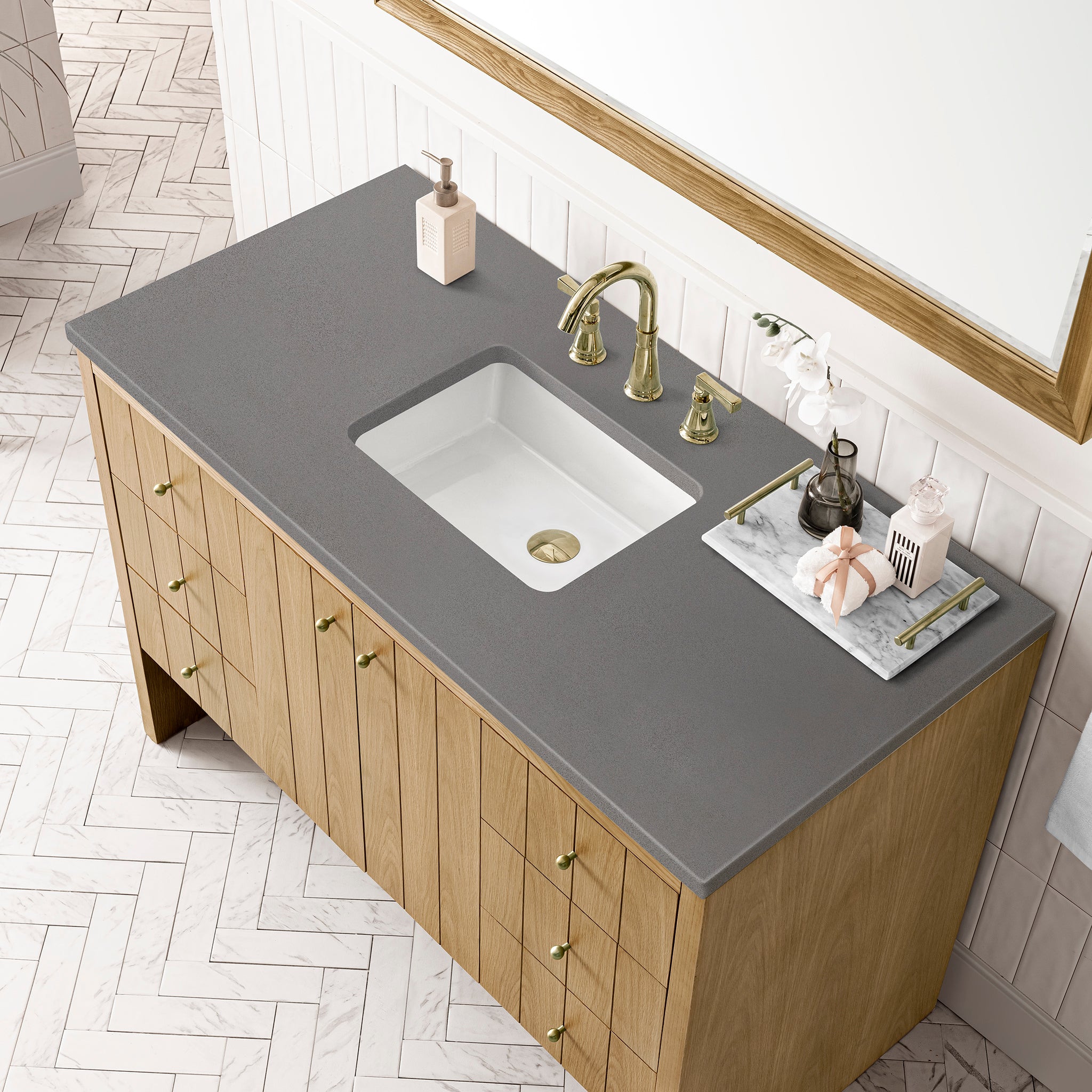 Hudson 48 Inch Single Bathroom Vanity in Light Natural Oak with 3CM Gray Expo Top - Perfect for Modern Home Bathroom Renovation and Space-Saving Design