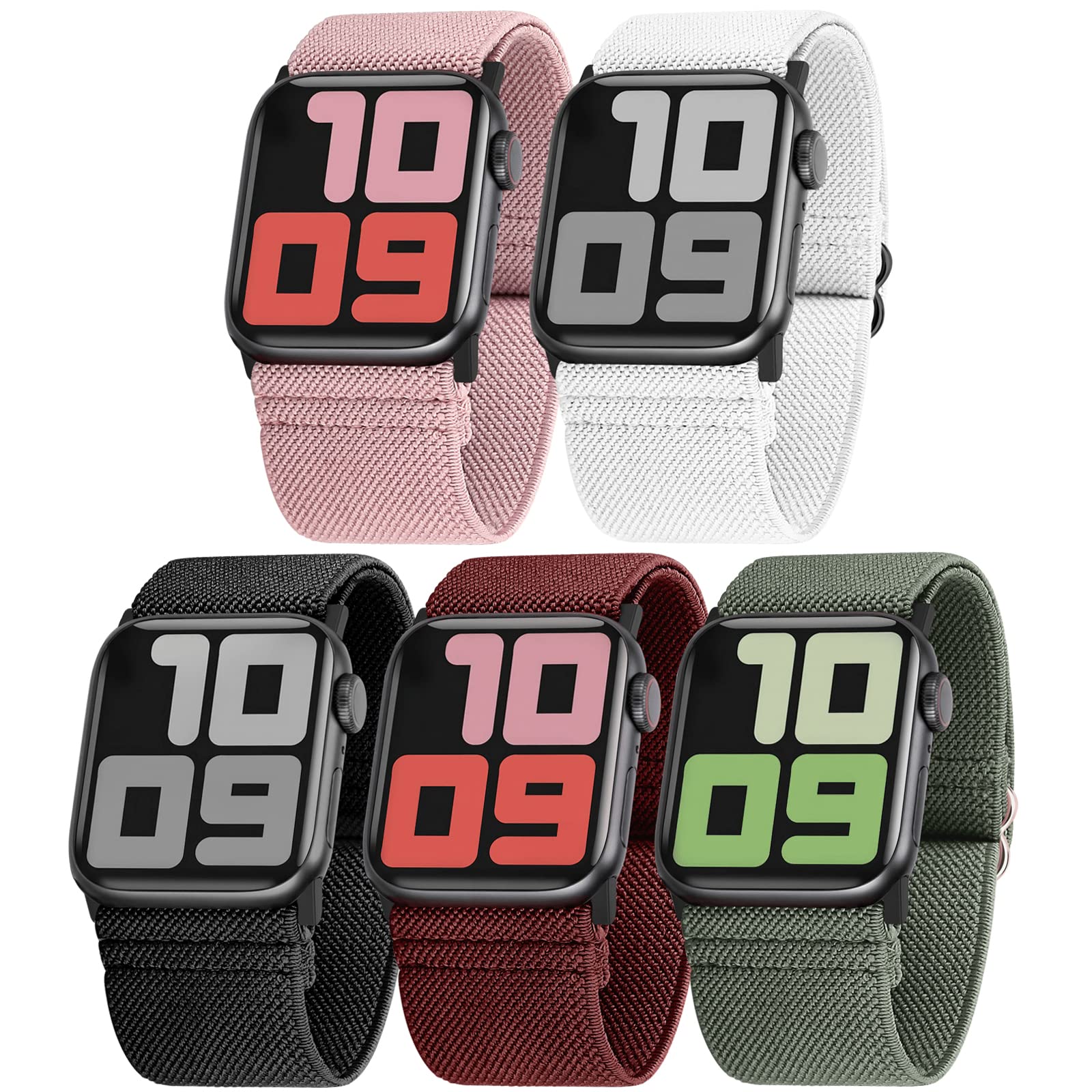 GrTrees 5 Pack Ultra Wide Stretchy Nylon Sport Watch Bands - Compatible with Apple Watch 45mm 44mm 42mm 41mm 40mm 38mm, iWatch Series 7/6/SE/5/4/3/2/1 for Men & Women - Adjustable Breathable Wristband for Running, Gym, Workout & Everyday Wear