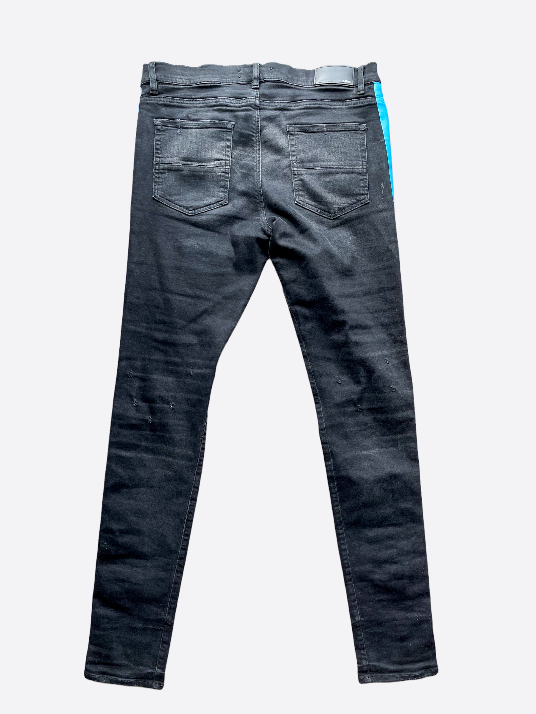 Amiri Blue Stripe Distressed Track Denim Jeans for Men - Vintage Washed Slim Fit Skinny Jeans | Perfect for Streetwear, Casual Outfits & Night Out
