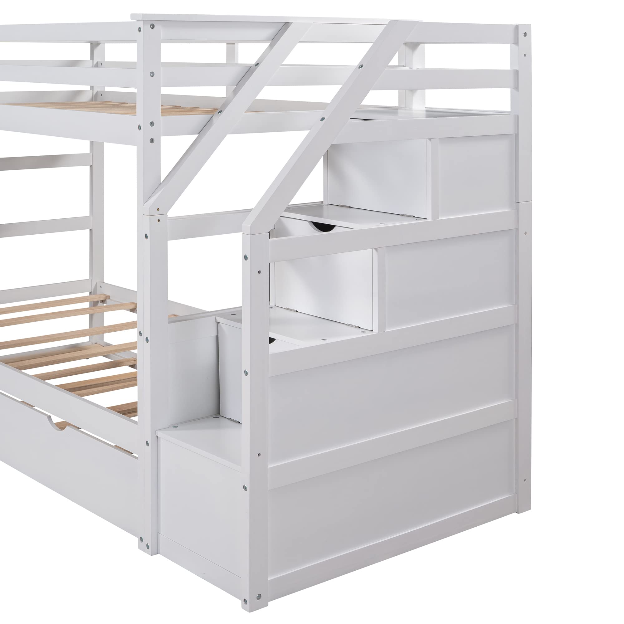 Twin Over Twin Bunk Beds with Trundle & Stairs - Wooden Bunk Bed Frame with 3 Storage Drawers for Kids, Boys, Girls & Teens - Space-Saving Bedroom Solution for Siblings or Sleepovers - White