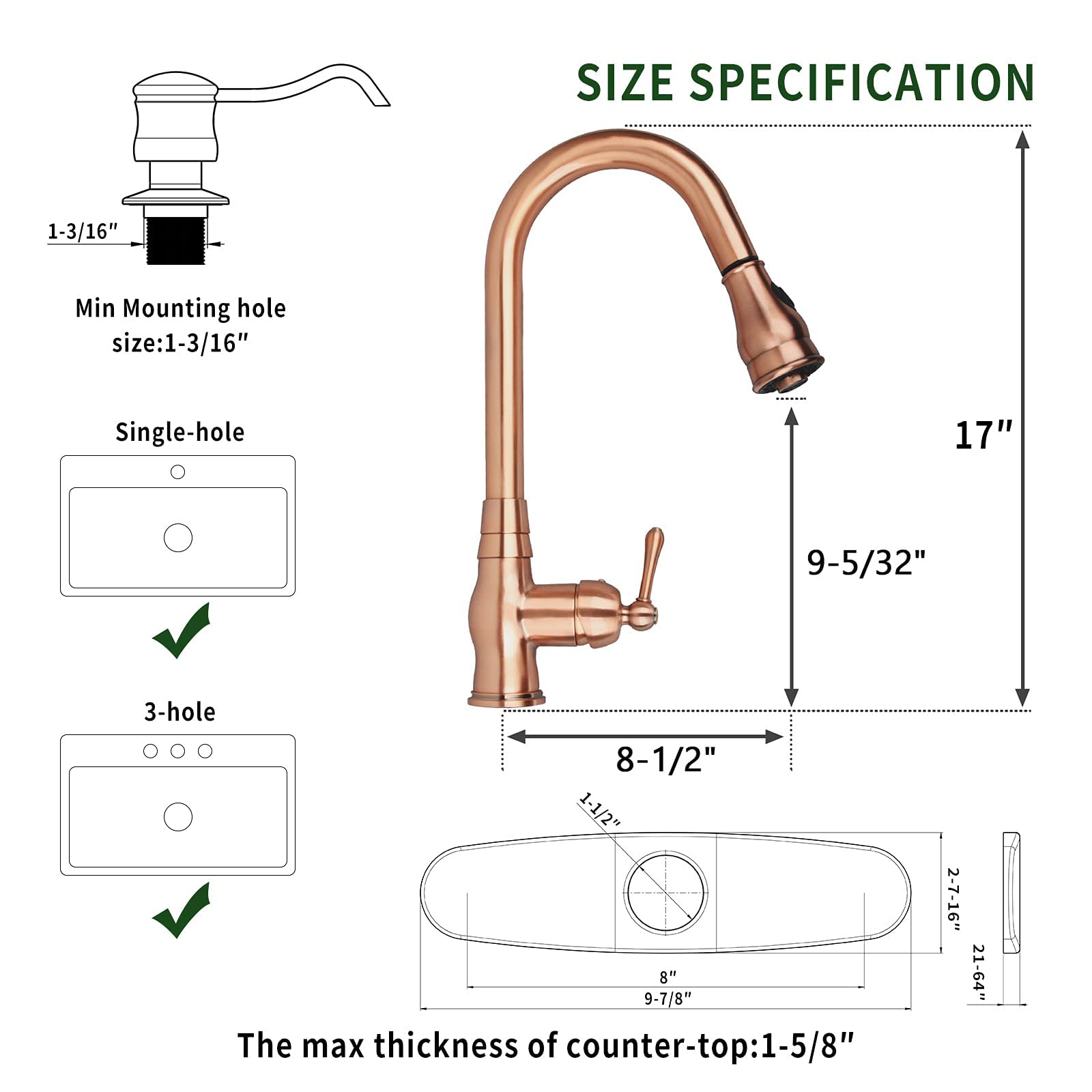 Akicon Copper Kitchen Faucet with Soap Dispenser - Single Handle Solid Brass High Arc Pull Down Sprayer Head - Deck Plate Included - Perfect for Modern Farmhouse & Industrial Style Kitchens