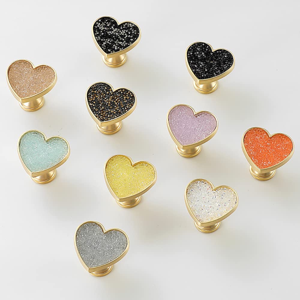 4Pcs Purple Crystal Drawer Knobs, Golden Brass Heart Handles for Dresser & Cabinet - Vintage Love Style