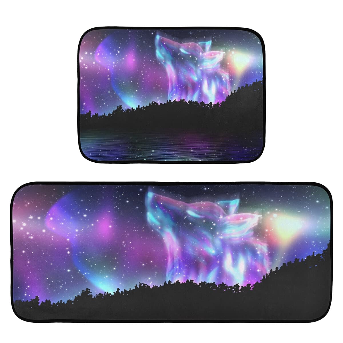 Wolf Aurora Borealis Non-Slip Washable Kitchen Rugs Set of 2 - Anti-Skid Floor Mats for Kitchen, Living Room & Home Decor | Perfect for High-Traffic Areas & Pet-Friendly Homes