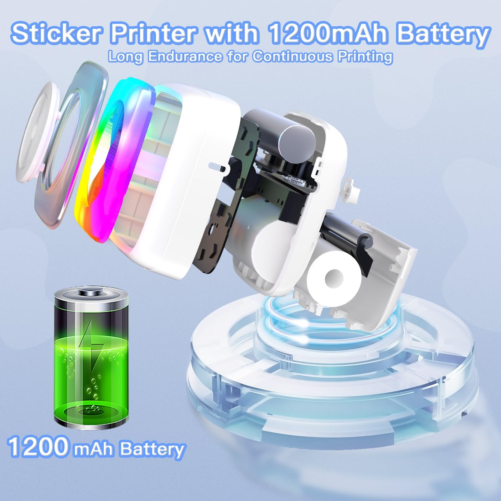 Mini Sticker Printer with 6 Rolls Paper - Portable Thermal Label Maker for DIY Scrapbooking, Travel Journal, Notes & Memos - 7 Color LED Light Modes - Wireless Bluetooth Compatible with iPhone & Android Phones (Perfect for Home Office, School Projects & Gift Wrapping)