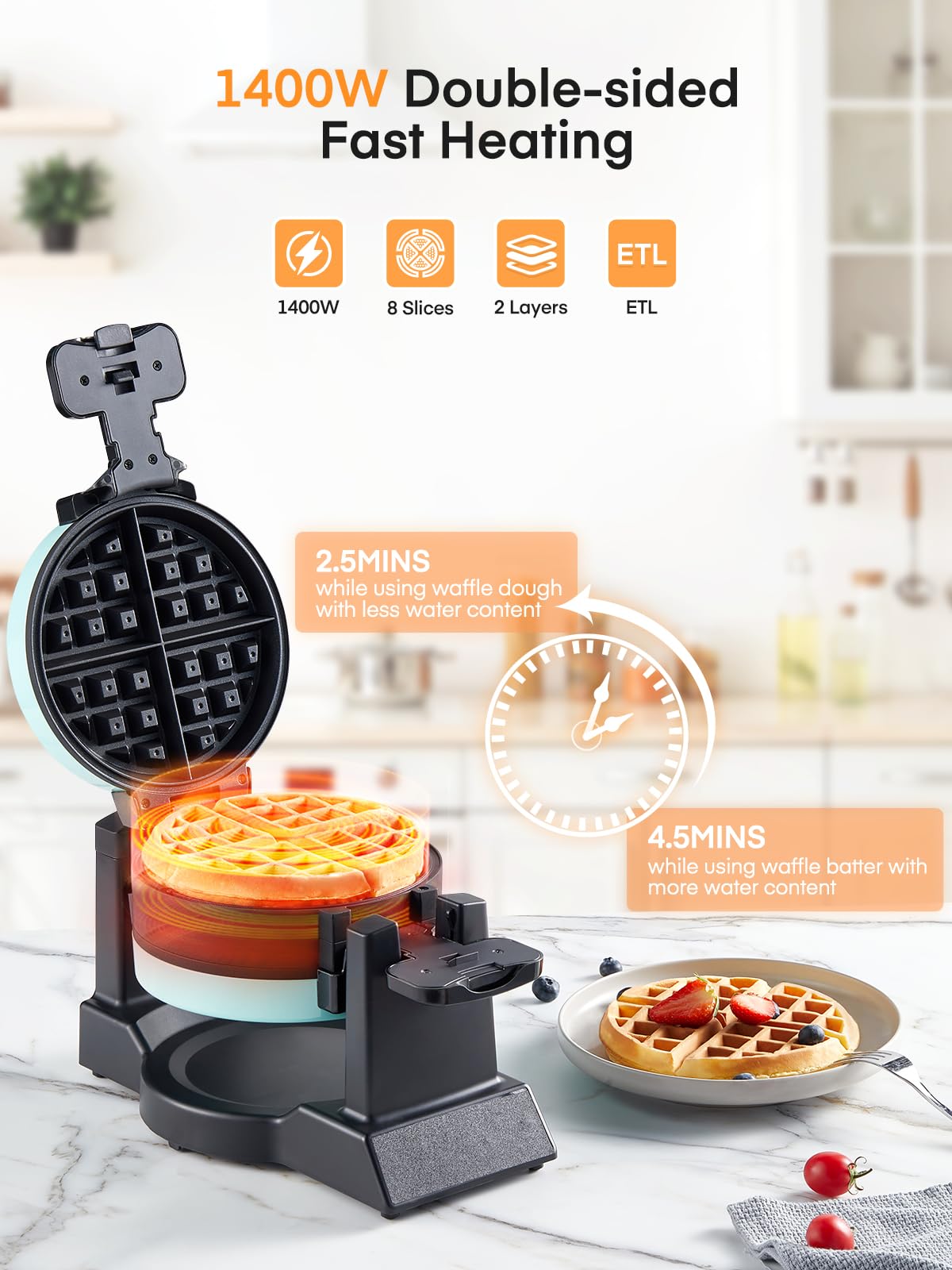 **1400W Double Belgian Waffle Maker – 180° Flip, Nonstick & Rotating Plates, Makes 8 Slices in 3 Mins – Anti-Scald, Cool Touch Handle, Removable Drip Tray – Easy to Clean & Space-Saving (Mint Blue) – Perfect for Breakfast, Brunch & Family Gatherings**